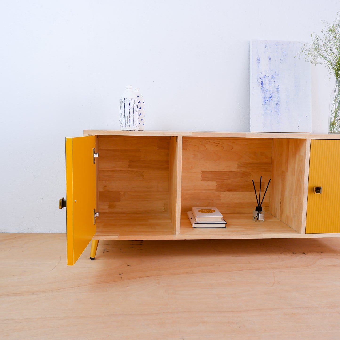 Handcrafted Solid Wood Media Console | Mid-Century Modern TV Stand | Pink, Mustard, Blue Credenza by Woodwala