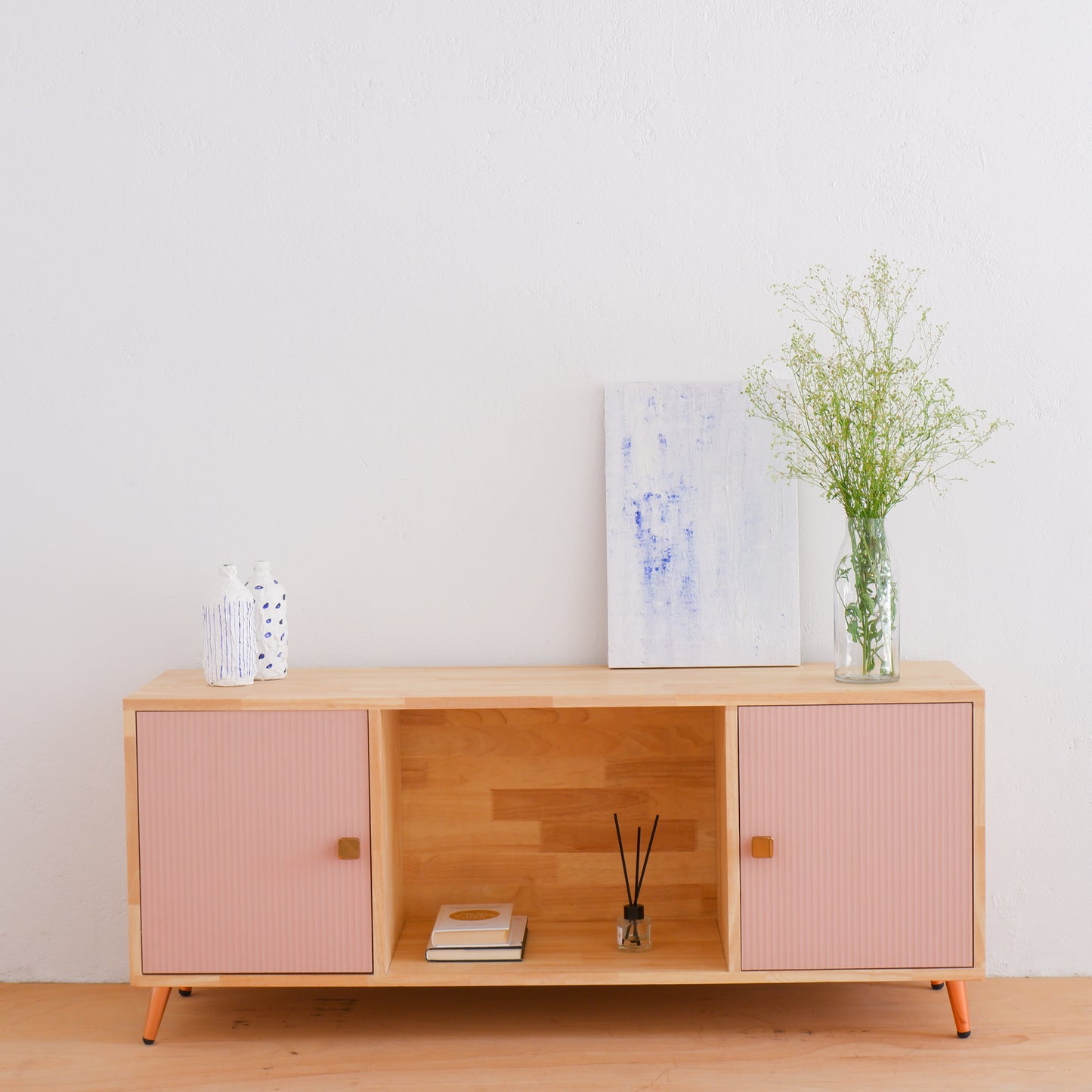 Handcrafted Solid Wood Media Console | Mid-Century Modern TV Stand | Pink, Mustard, Blue Credenza by Woodwala