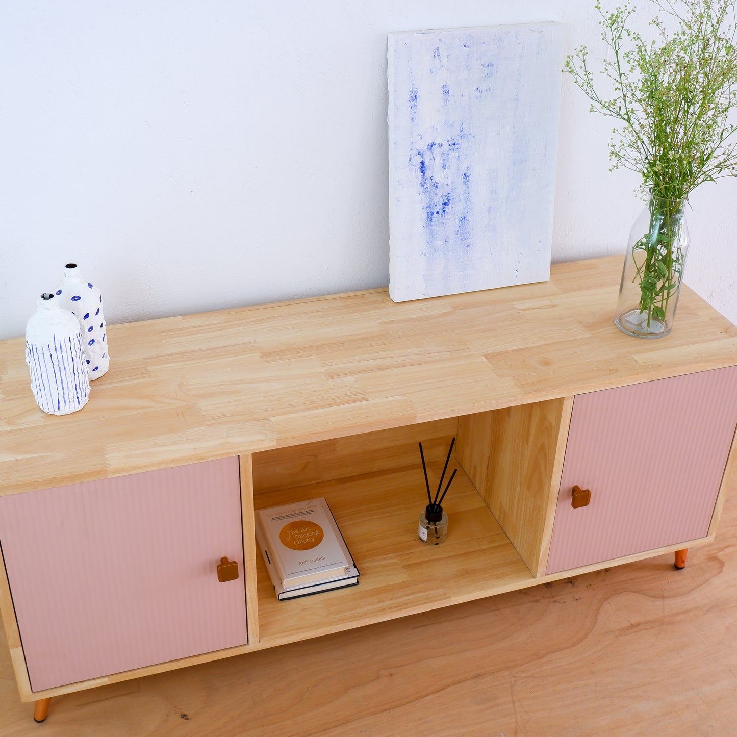 Handcrafted Solid Wood Media Console | Mid-Century Modern TV Stand | Pink, Mustard, Blue Credenza by Woodwala