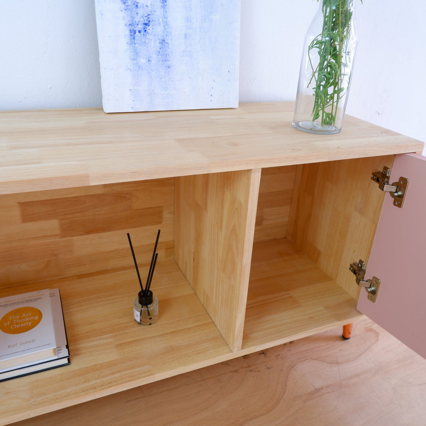 Handcrafted Solid Wood Media Console | Mid-Century Modern TV Stand | Pink, Mustard, Blue Credenza by Woodwala