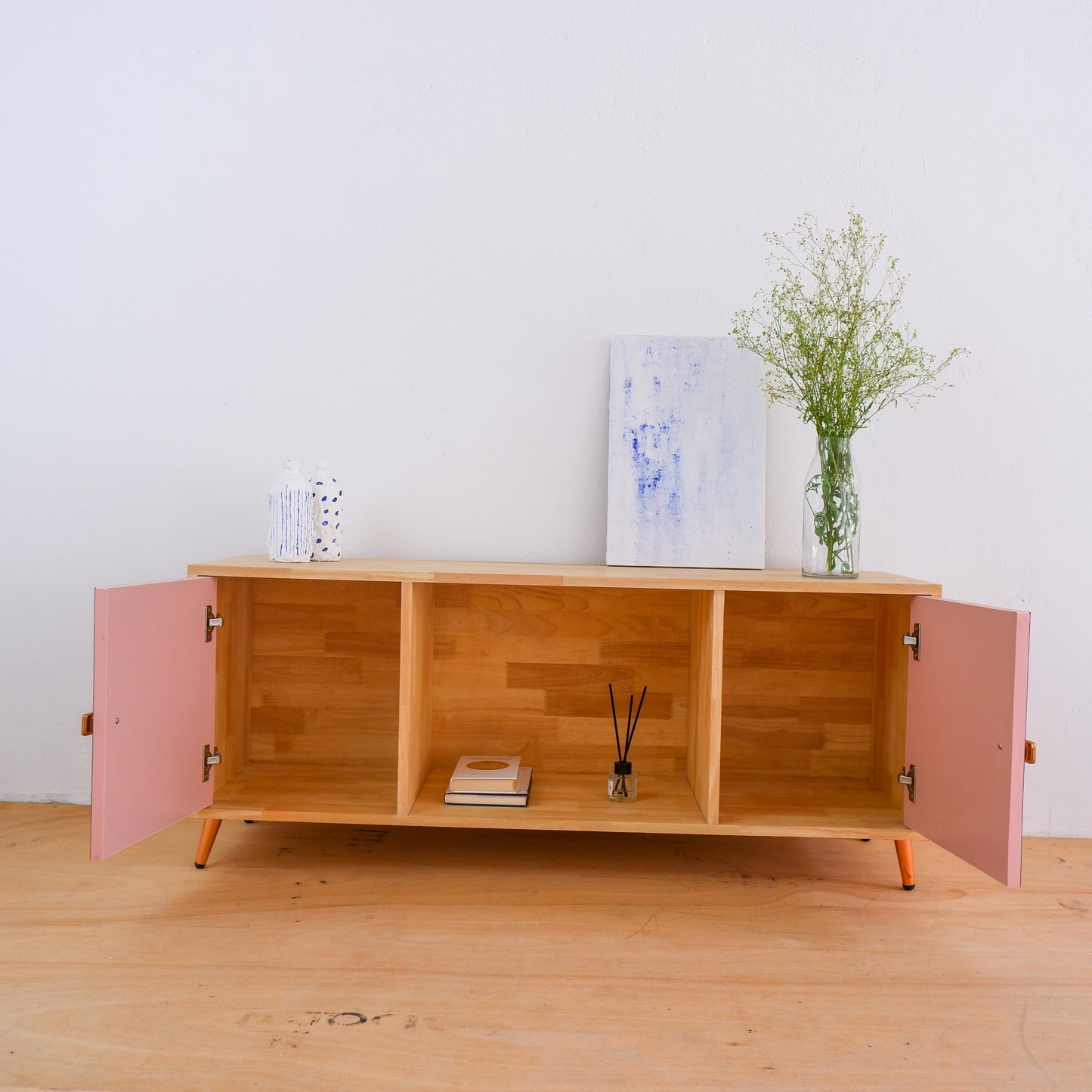 Handcrafted Solid Wood Media Console | Mid-Century Modern TV Stand | Pink, Mustard, Blue Credenza by Woodwala