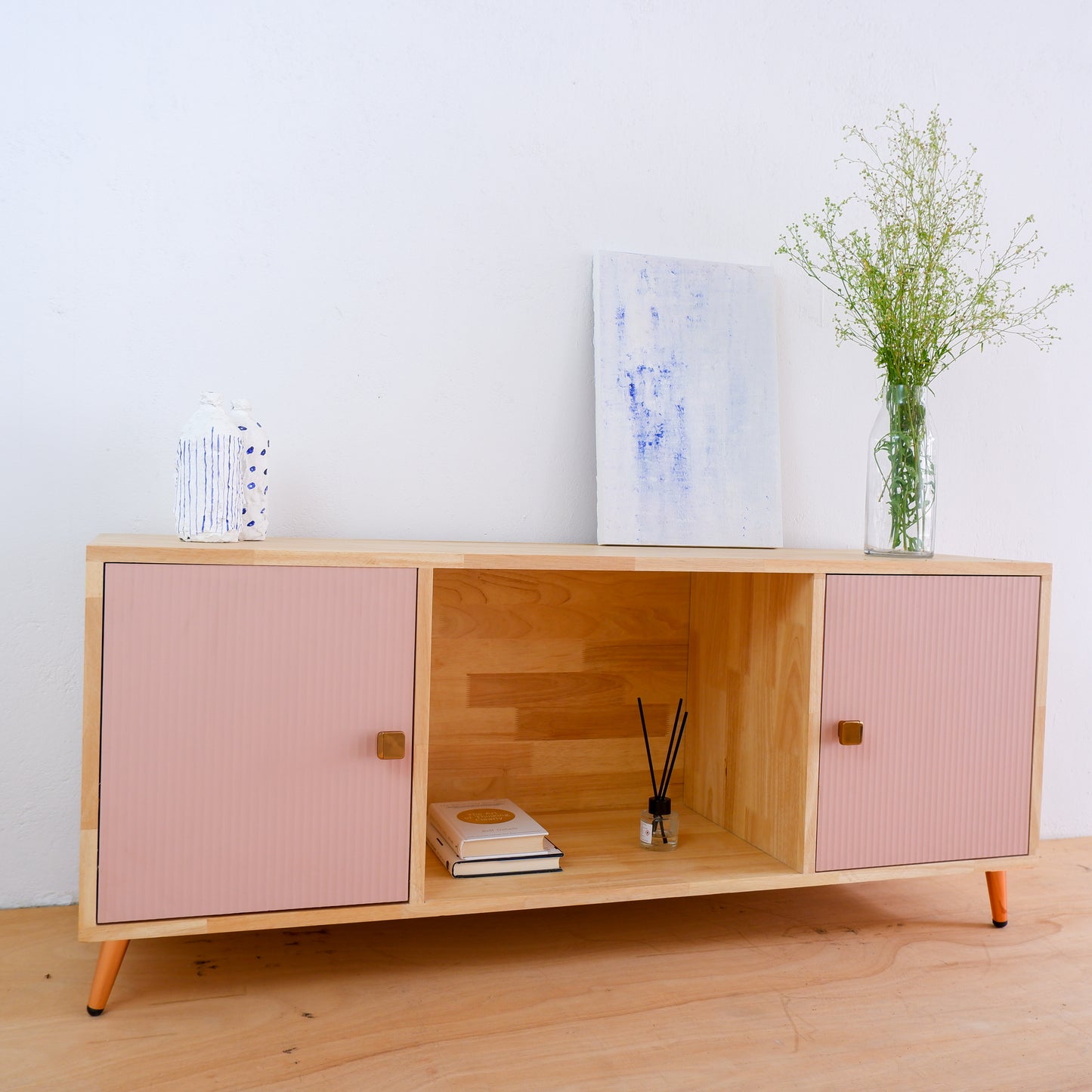 Handcrafted Solid Wood Media Console | Mid-Century Modern TV Stand | Pink, Mustard, Blue Credenza by Woodwala