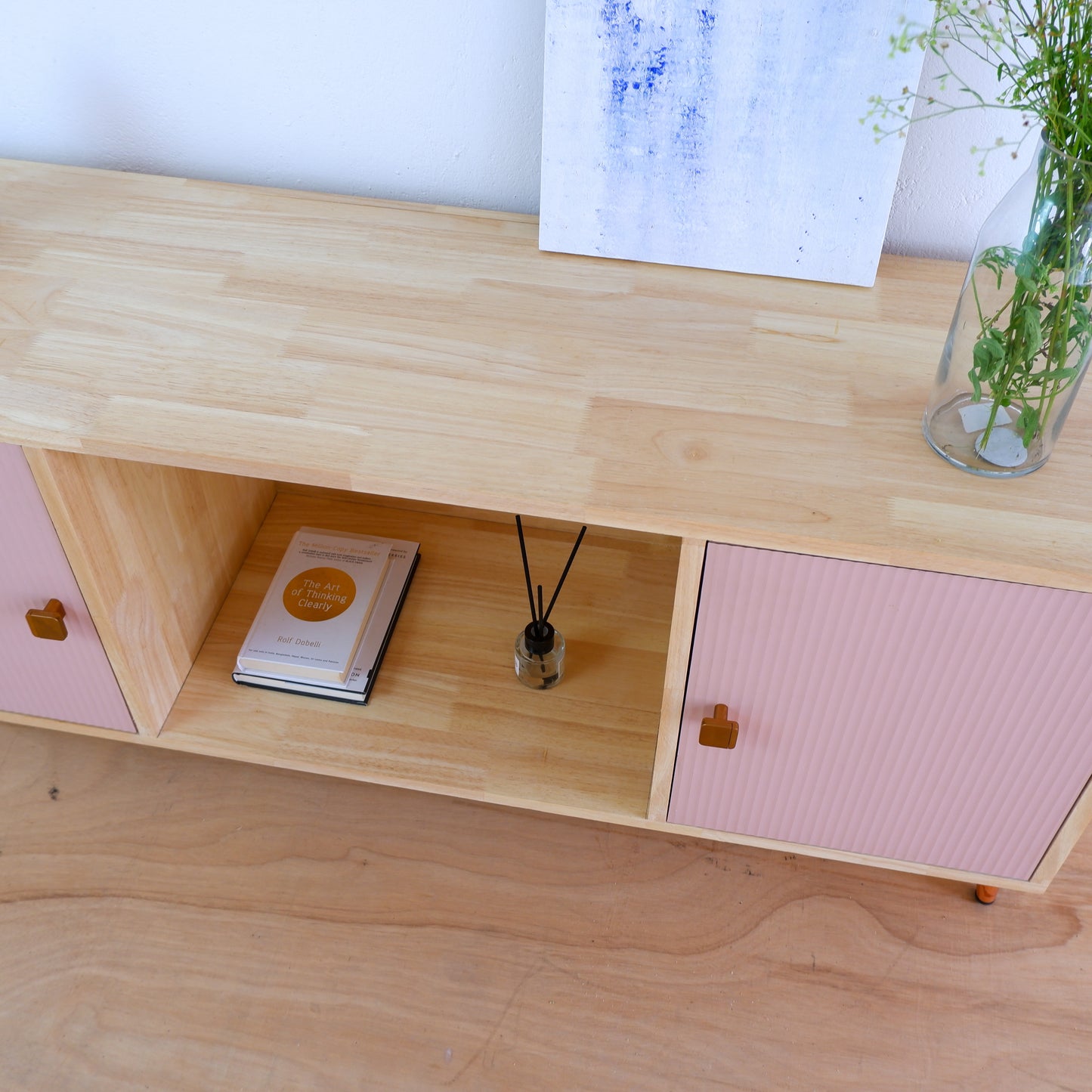 Handcrafted Solid Wood Media Console | Mid-Century Modern TV Stand | Pink, Mustard, Blue Credenza by Woodwala