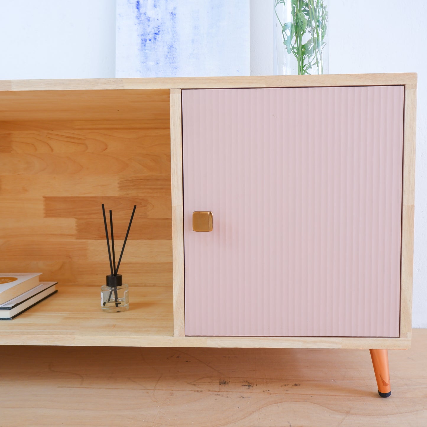 Handcrafted Solid Wood Media Console | Mid-Century Modern TV Stand | Pink, Mustard, Blue Credenza by Woodwala