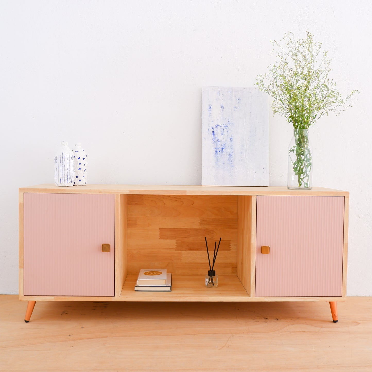 Handcrafted Solid Wood Media Console | Mid-Century Modern TV Stand | Pink, Mustard, Blue Credenza by Woodwala