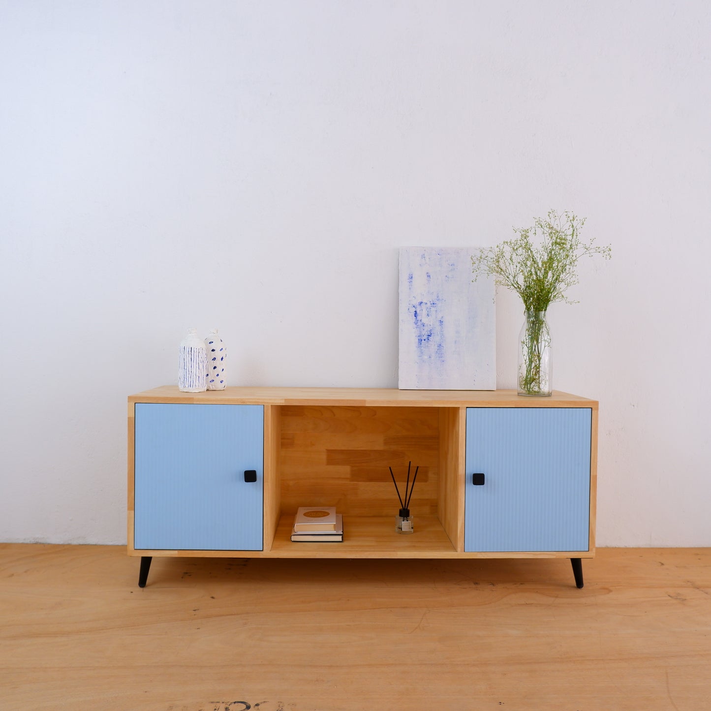Handcrafted Solid Wood Media Console | Mid-Century Modern TV Stand | Pink, Mustard, Blue Credenza by Woodwala