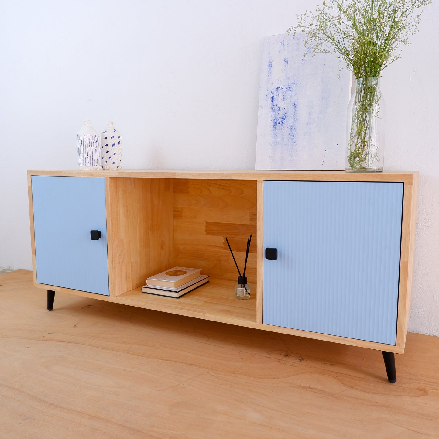Handcrafted Solid Wood Media Console | Mid-Century Modern TV Stand | Pink, Mustard, Blue Credenza by Woodwala