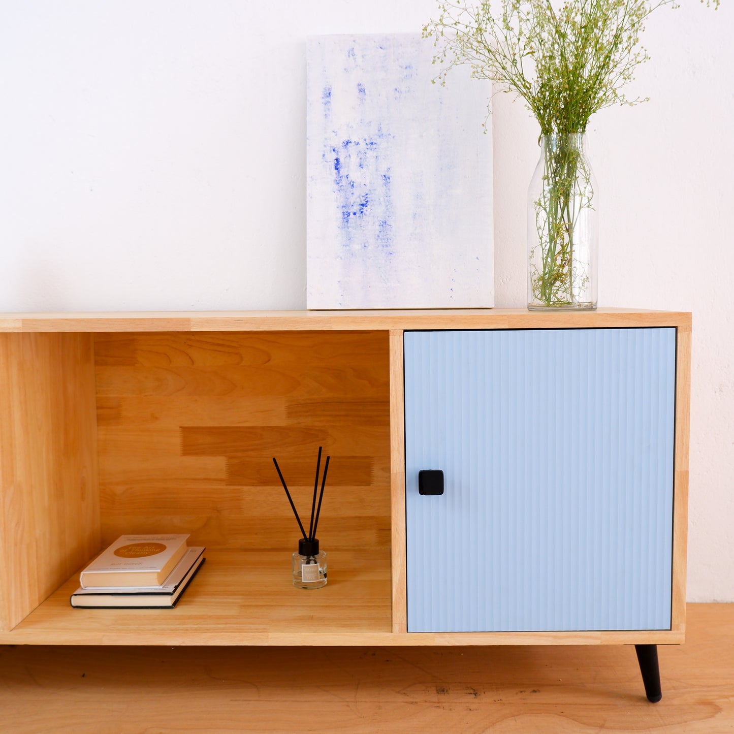 Handcrafted Solid Wood Media Console | Mid-Century Modern TV Stand | Pink, Mustard, Blue Credenza by Woodwala