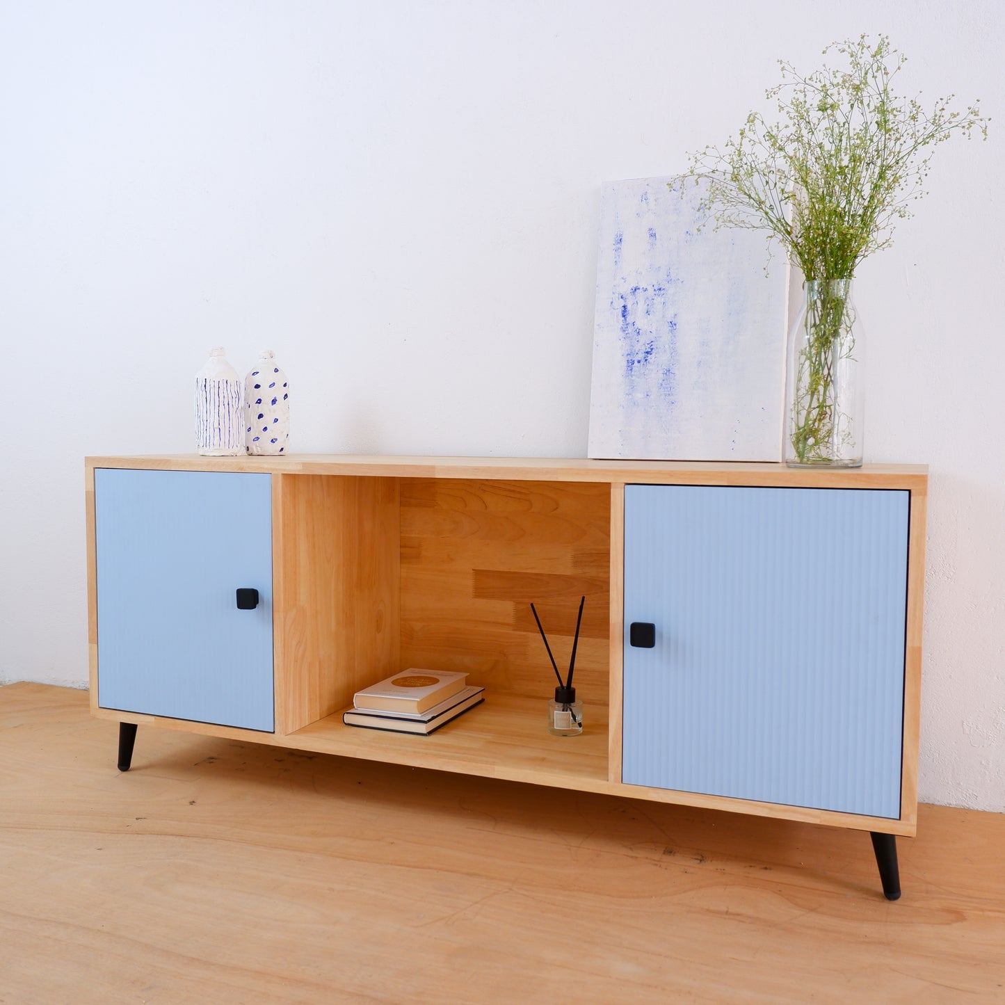 Handcrafted Solid Wood Media Console | Mid-Century Modern TV Stand | Pink, Mustard, Blue Credenza by Woodwala