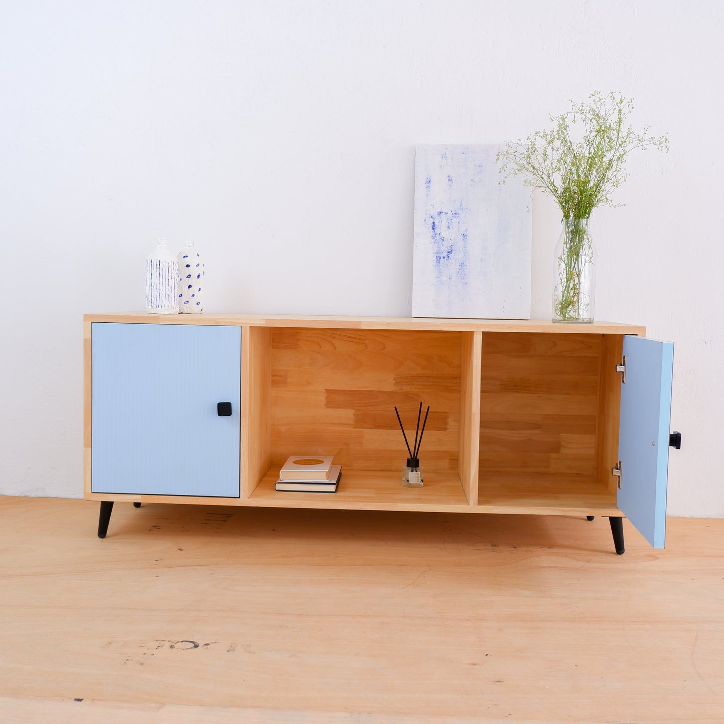 Handcrafted Solid Wood Media Console | Mid-Century Modern TV Stand | Pink, Mustard, Blue Credenza by Woodwala
