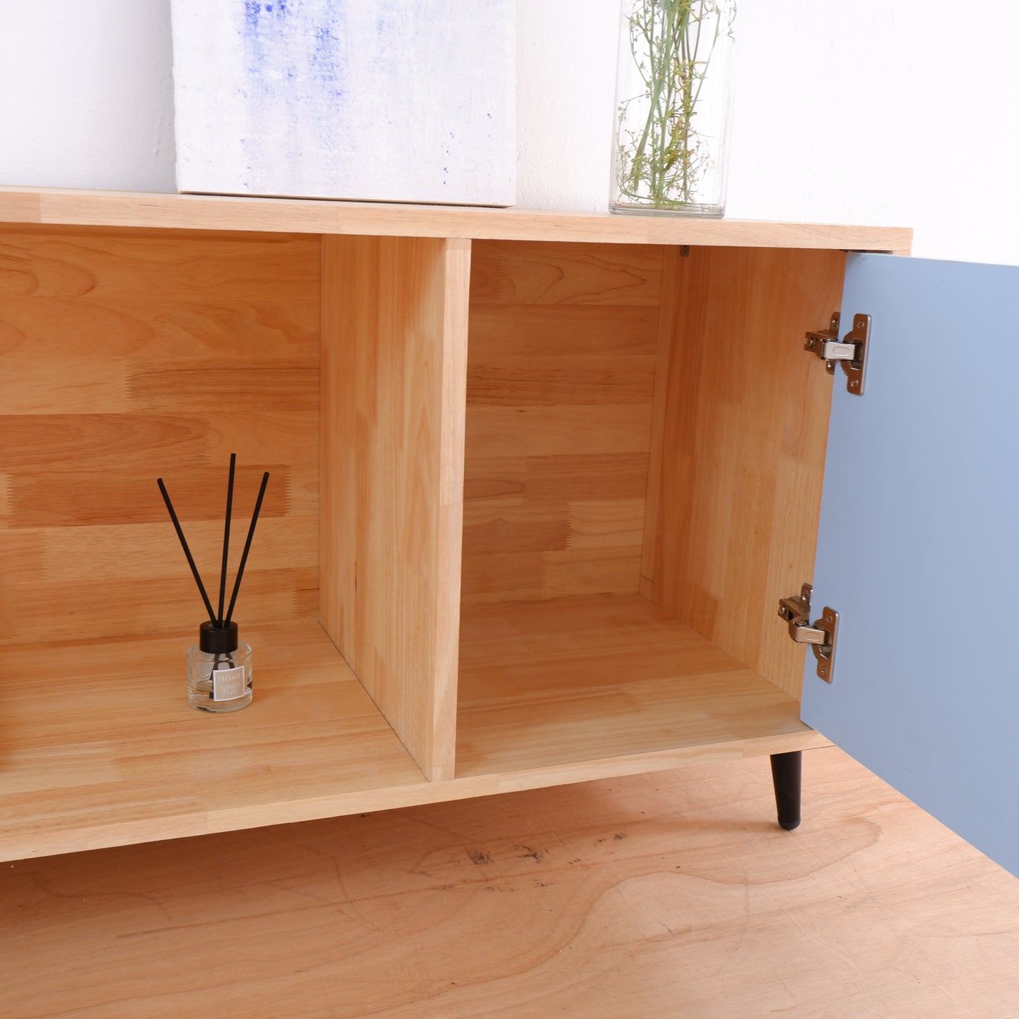 Handcrafted Solid Wood Media Console | Mid-Century Modern TV Stand | Pink, Mustard, Blue Credenza by Woodwala