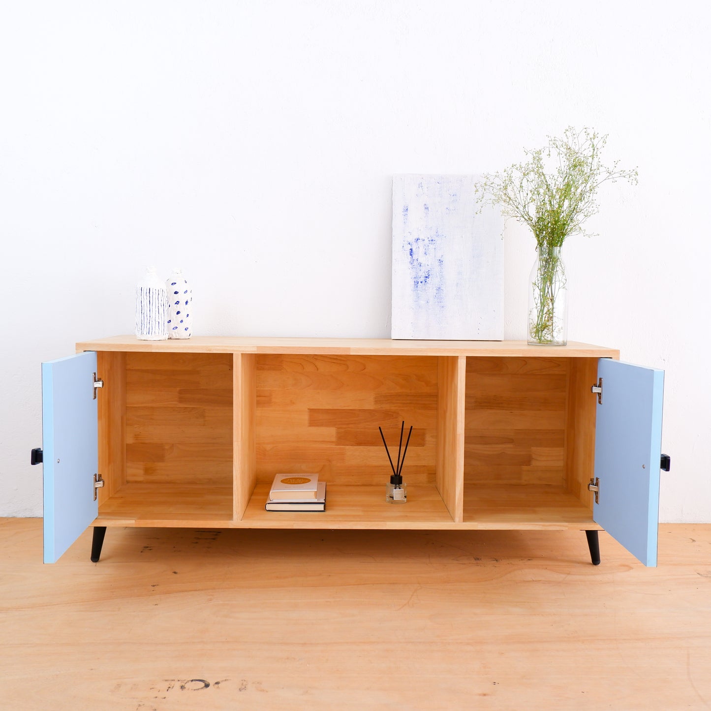 Handcrafted Solid Wood Media Console | Mid-Century Modern TV Stand | Pink, Mustard, Blue Credenza by Woodwala