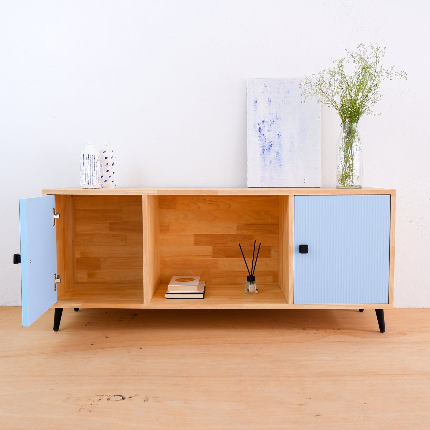 Handcrafted Solid Wood Media Console | Mid-Century Modern TV Stand | Pink, Mustard, Blue Credenza by Woodwala