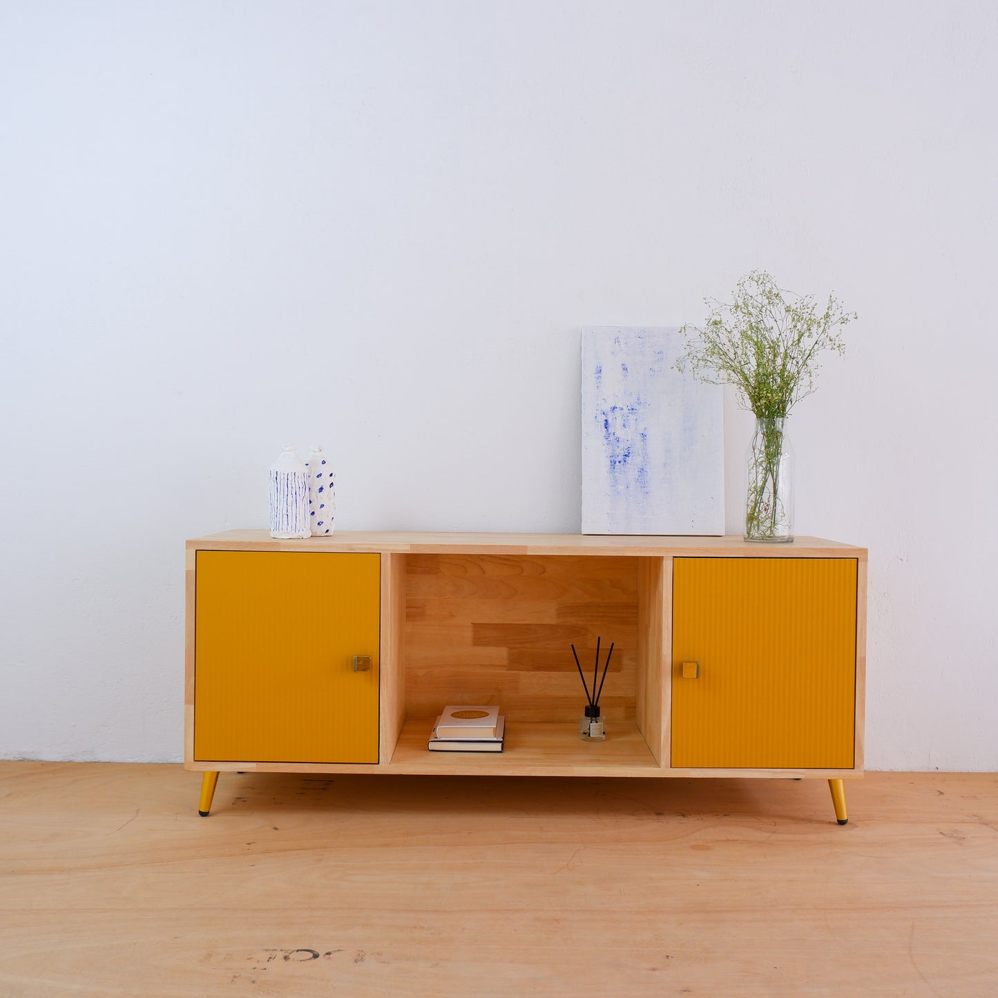 Handcrafted Solid Wood Media Console | Mid-Century Modern TV Stand | Pink, Mustard, Blue Credenza by Woodwala