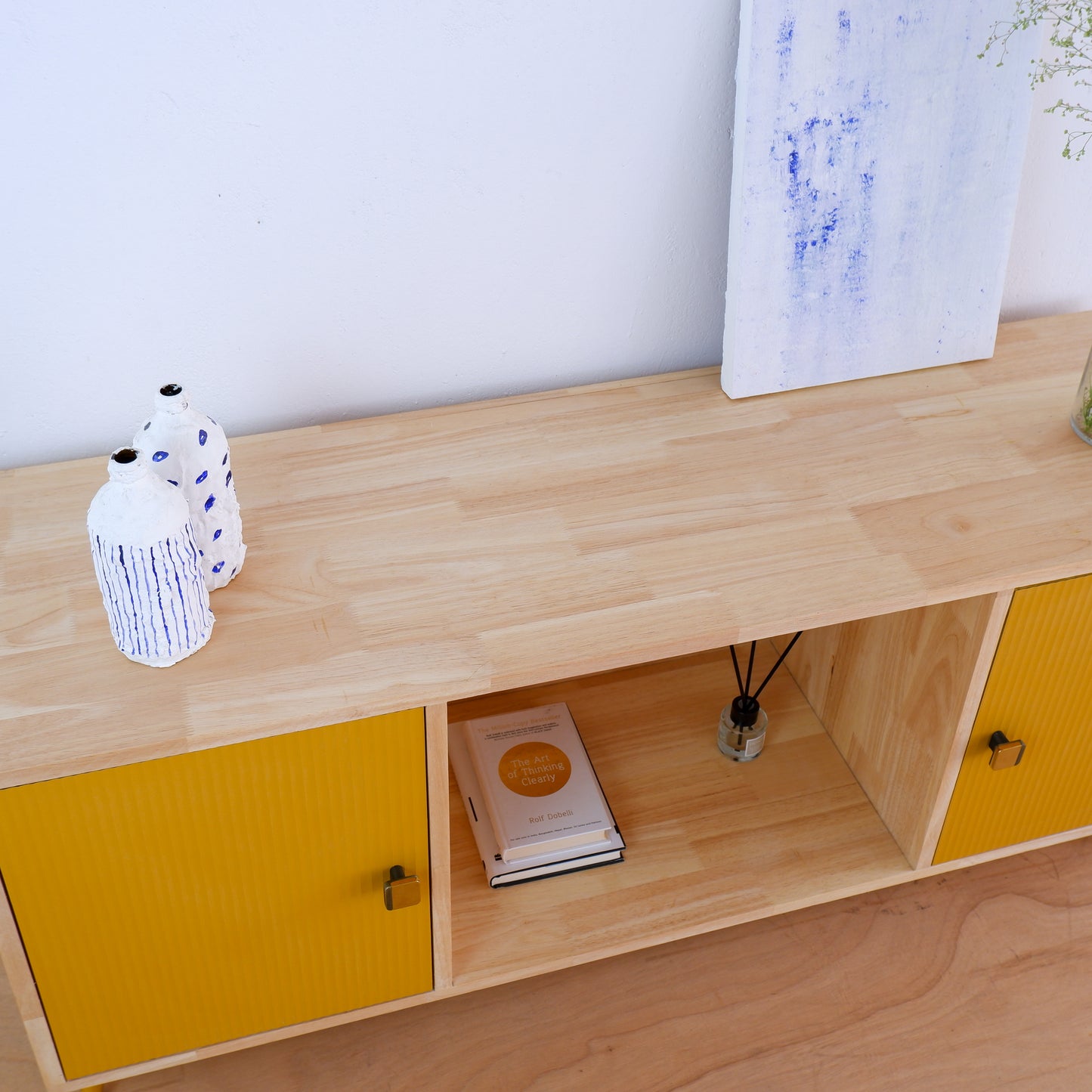 Handcrafted Solid Wood Media Console | Mid-Century Modern TV Stand | Pink, Mustard, Blue Credenza by Woodwala