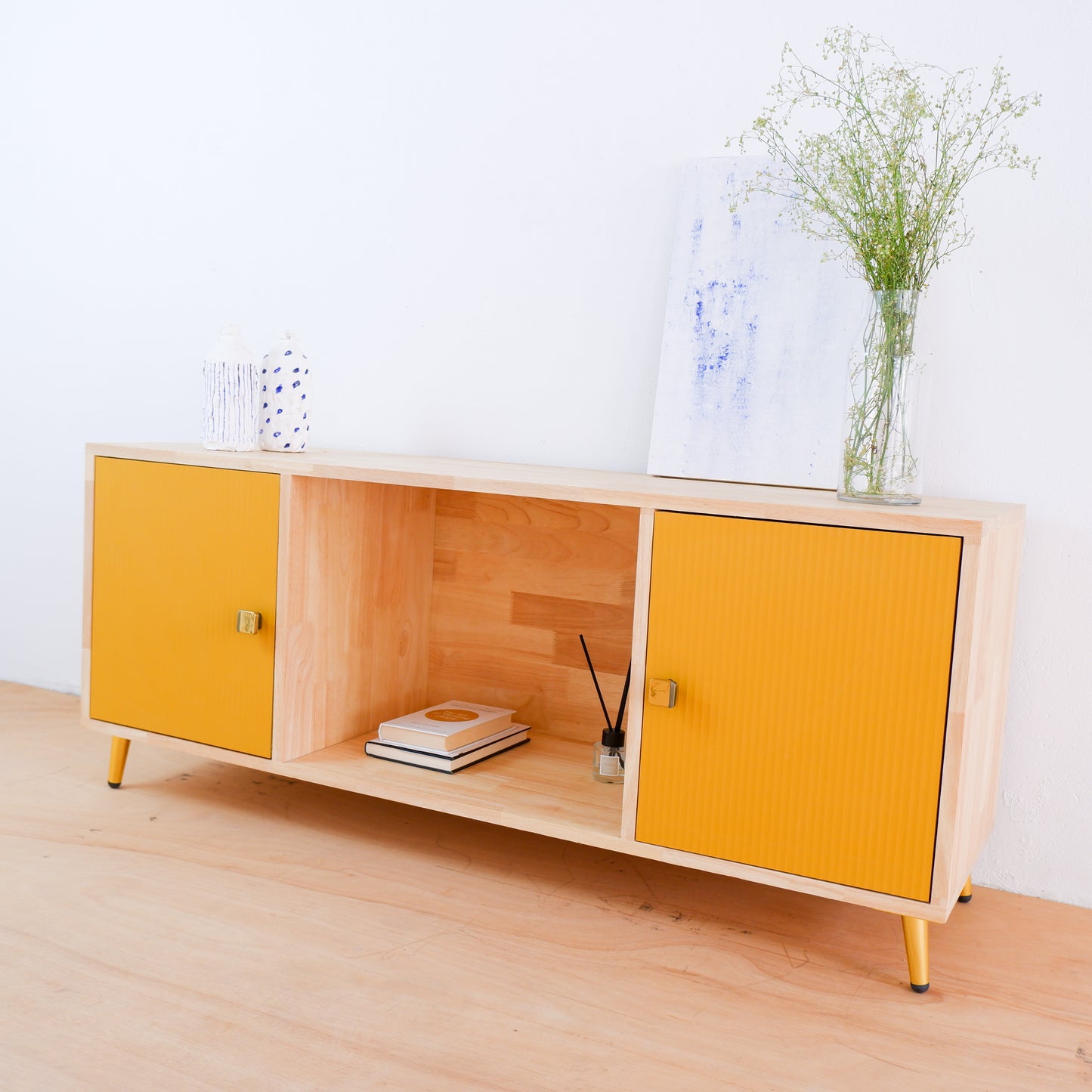 Handcrafted Solid Wood Media Console | Mid-Century Modern TV Stand | Pink, Mustard, Blue Credenza by Woodwala
