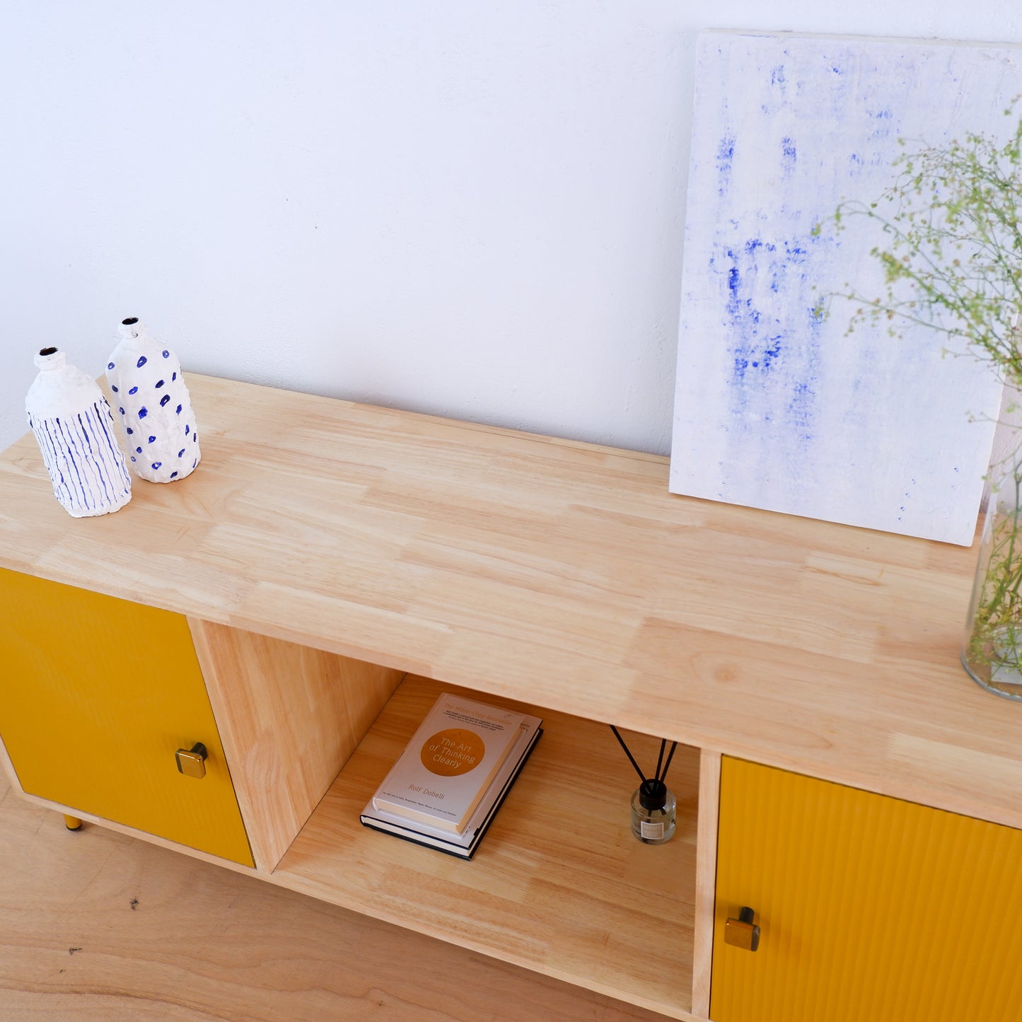 Handcrafted Solid Wood Media Console | Mid-Century Modern TV Stand | Pink, Mustard, Blue Credenza by Woodwala
