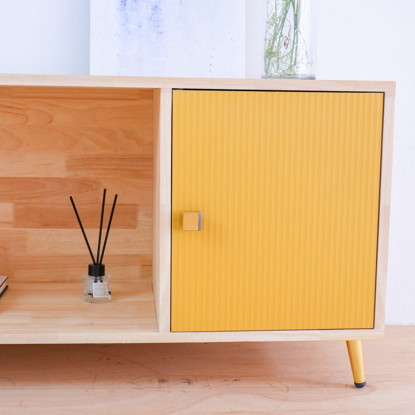 Handcrafted Solid Wood Media Console | Mid-Century Modern TV Stand | Pink, Mustard, Blue Credenza by Woodwala