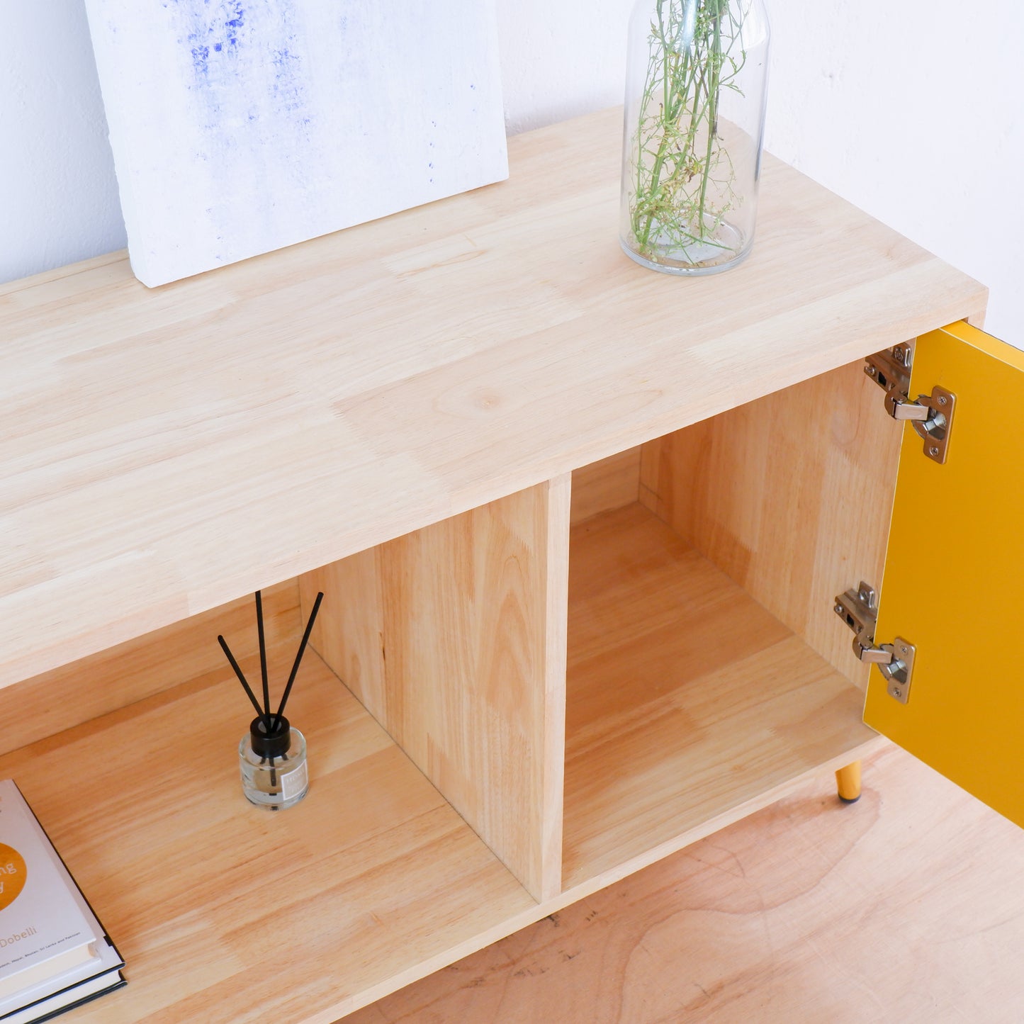 Handcrafted Solid Wood Media Console | Mid-Century Modern TV Stand | Pink, Mustard, Blue Credenza by Woodwala