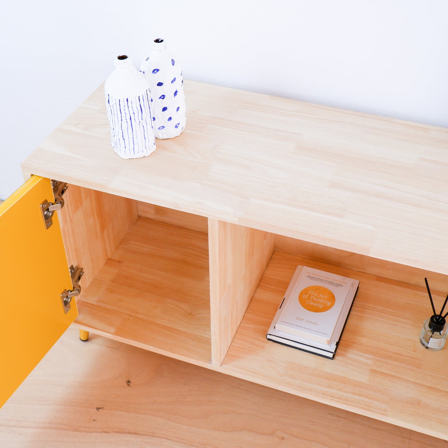 Handcrafted Solid Wood Media Console | Mid-Century Modern TV Stand | Pink, Mustard, Blue Credenza by Woodwala