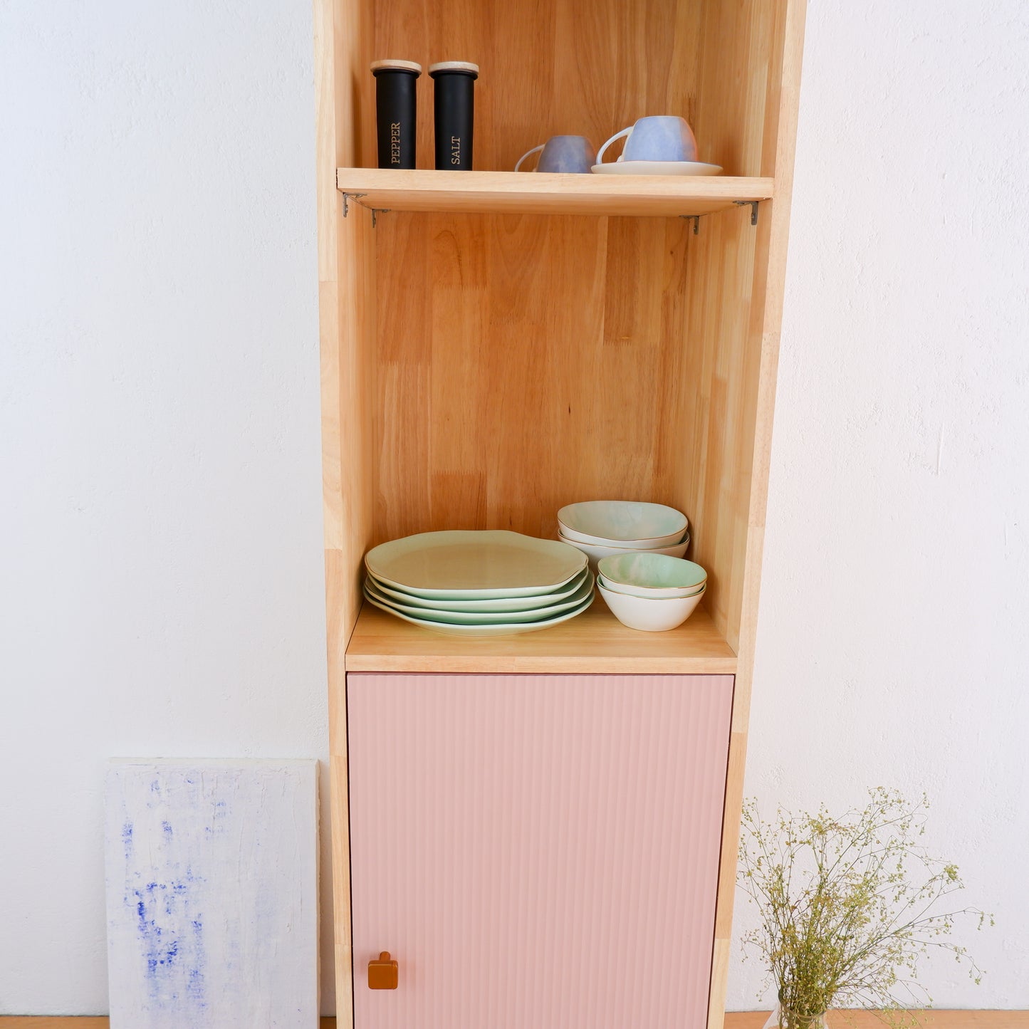 Handmade Wooden Crockery Tall Cabinet | Mid-Century Modern Kitchen Storage | Solid Wood Tall Cabinet in Pink, Blue & Mustard