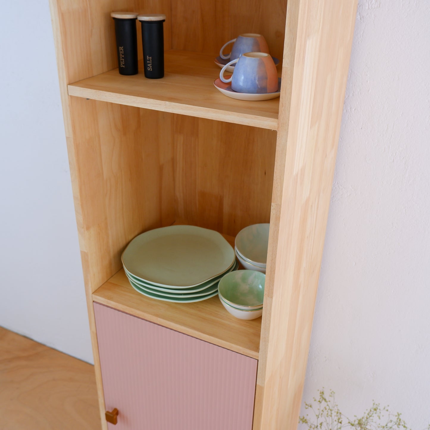 Handmade Wooden Crockery Tall Cabinet | Mid-Century Modern Kitchen Storage | Solid Wood Tall Cabinet in Pink, Blue & Mustard