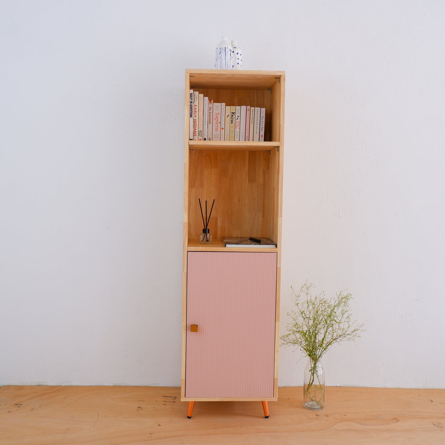 Mid-Century Modern Solid Wood Bookshelf | Pink, Blue & Mustard Yellow Display Cabinet by Woodwala