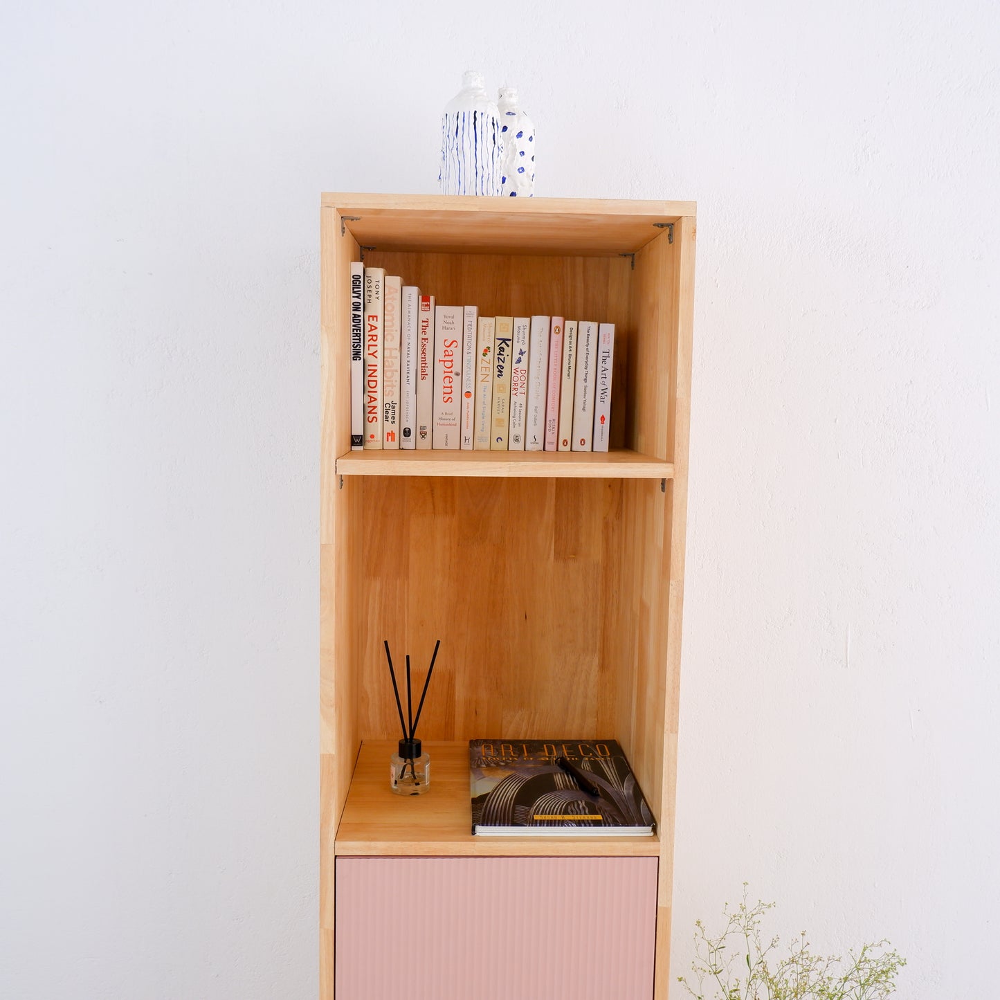 Mid-Century Modern Solid Wood Bookshelf | Pink, Blue & Mustard Yellow Display Cabinet by Woodwala