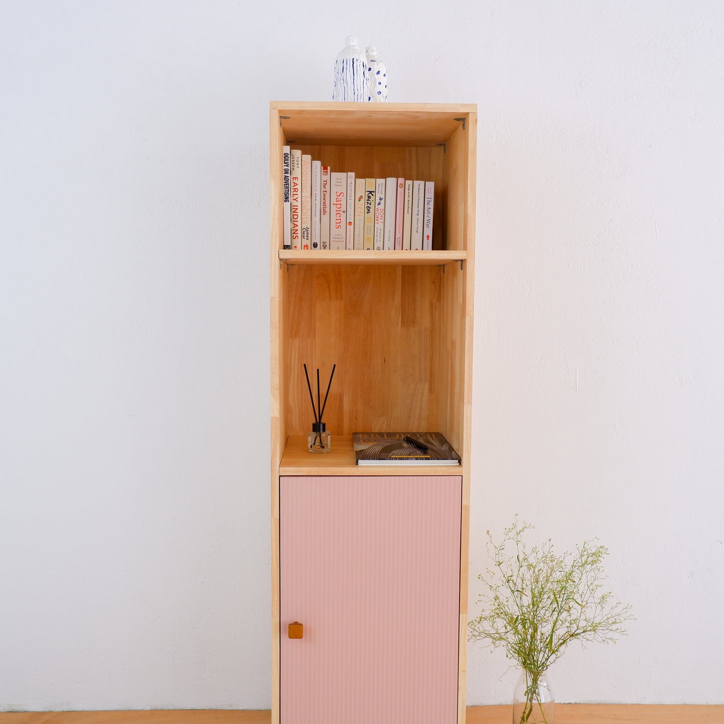Mid-Century Modern Solid Wood Bookshelf | Pink, Blue & Mustard Yellow Display Cabinet by Woodwala