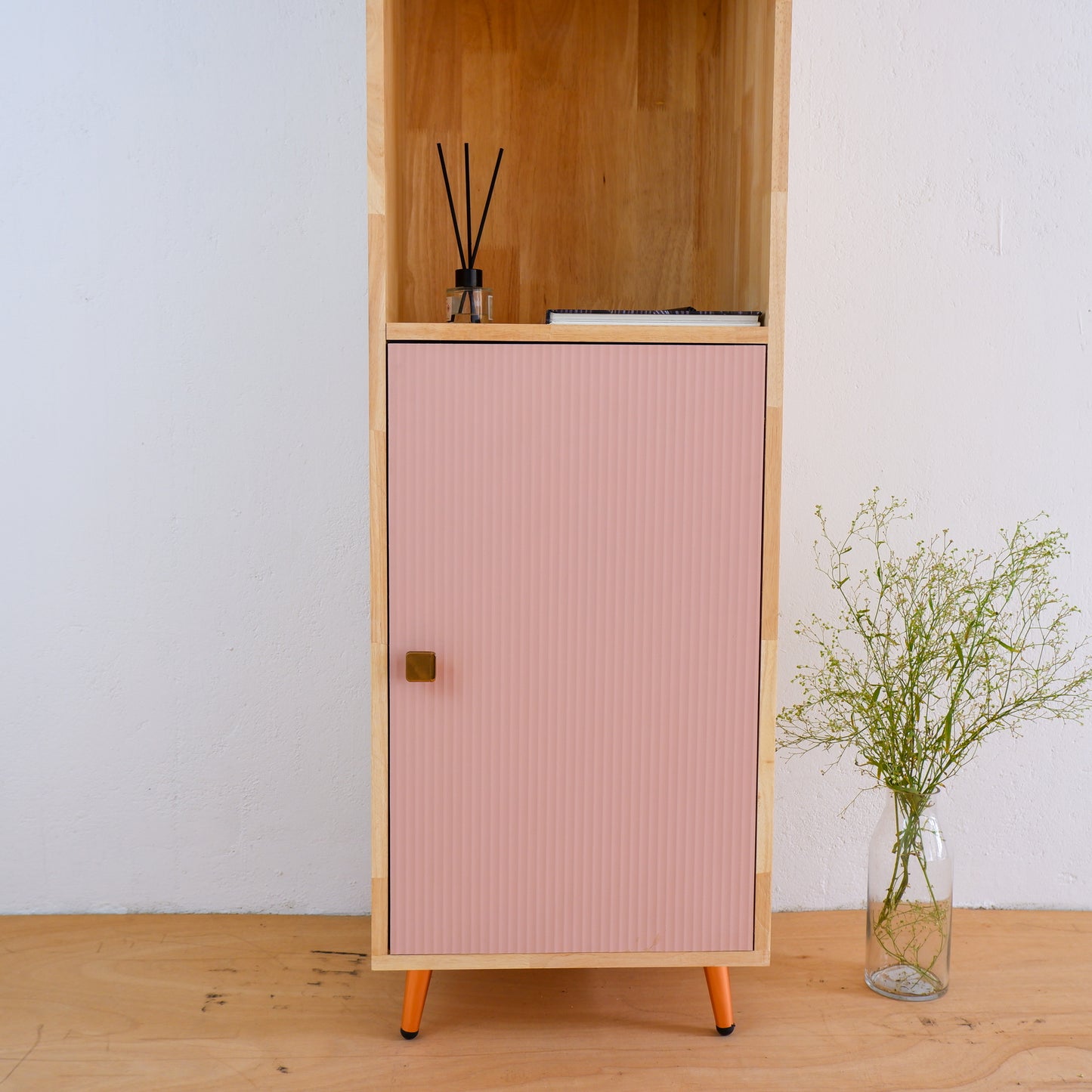Mid-Century Modern Solid Wood Bookshelf | Pink, Blue & Mustard Yellow Display Cabinet by Woodwala