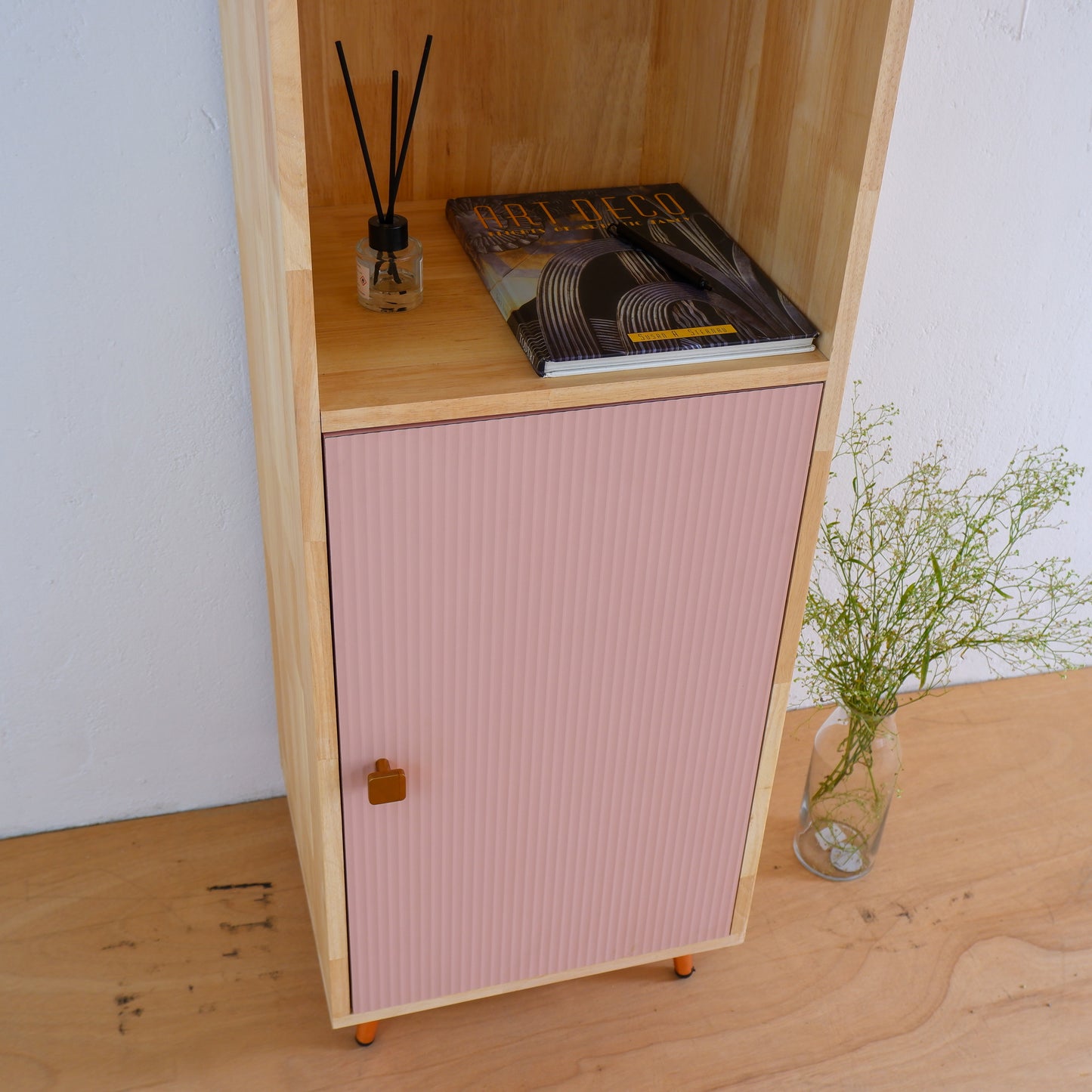 Mid-Century Modern Solid Wood Bookshelf | Pink, Blue & Mustard Yellow Display Cabinet by Woodwala