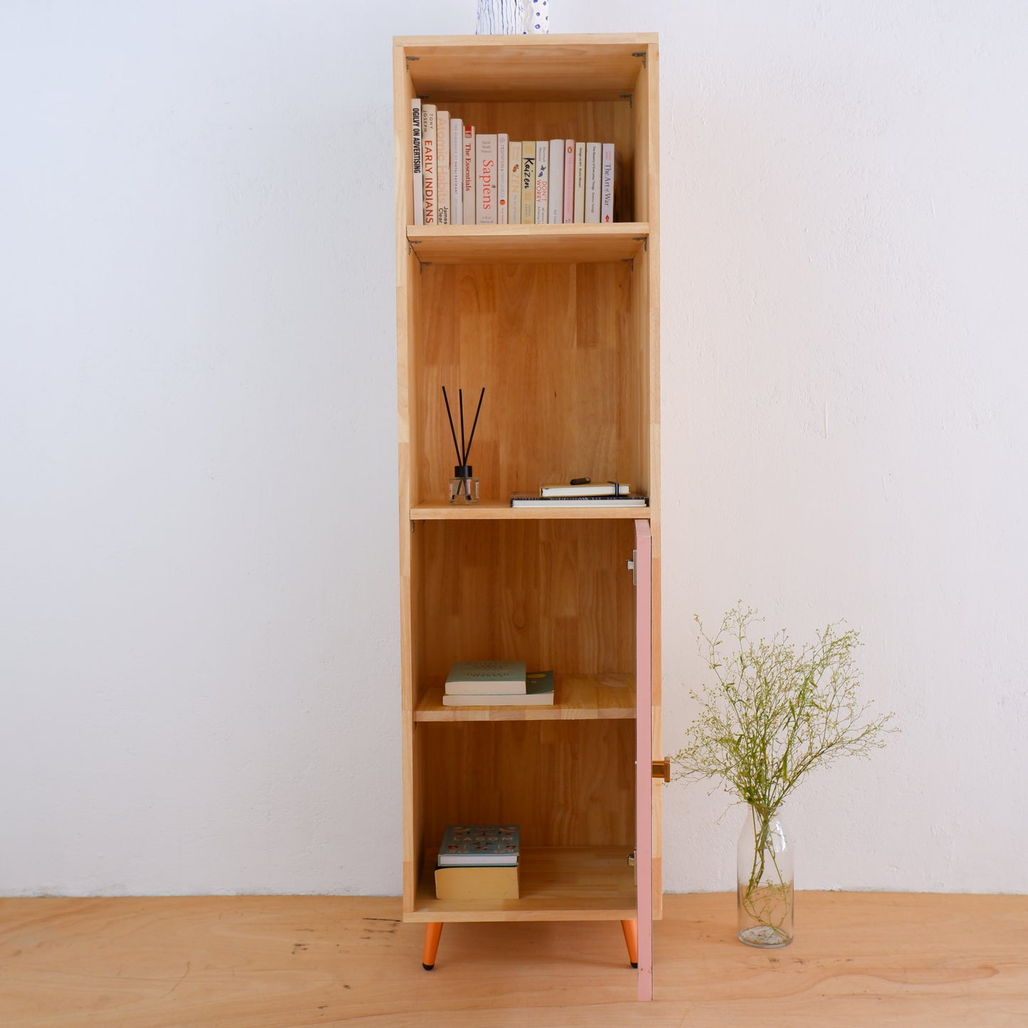 Mid-Century Modern Solid Wood Bookshelf | Pink, Blue & Mustard Yellow Display Cabinet by Woodwala