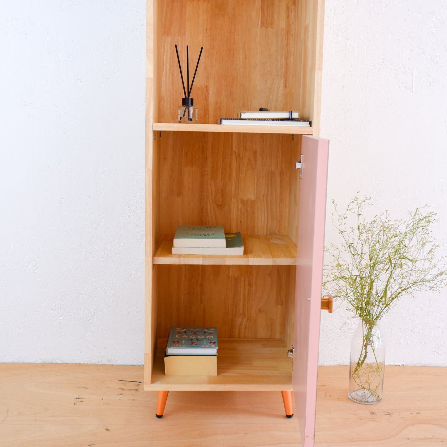 Mid-Century Modern Solid Wood Bookshelf | Pink, Blue & Mustard Yellow Display Cabinet by Woodwala