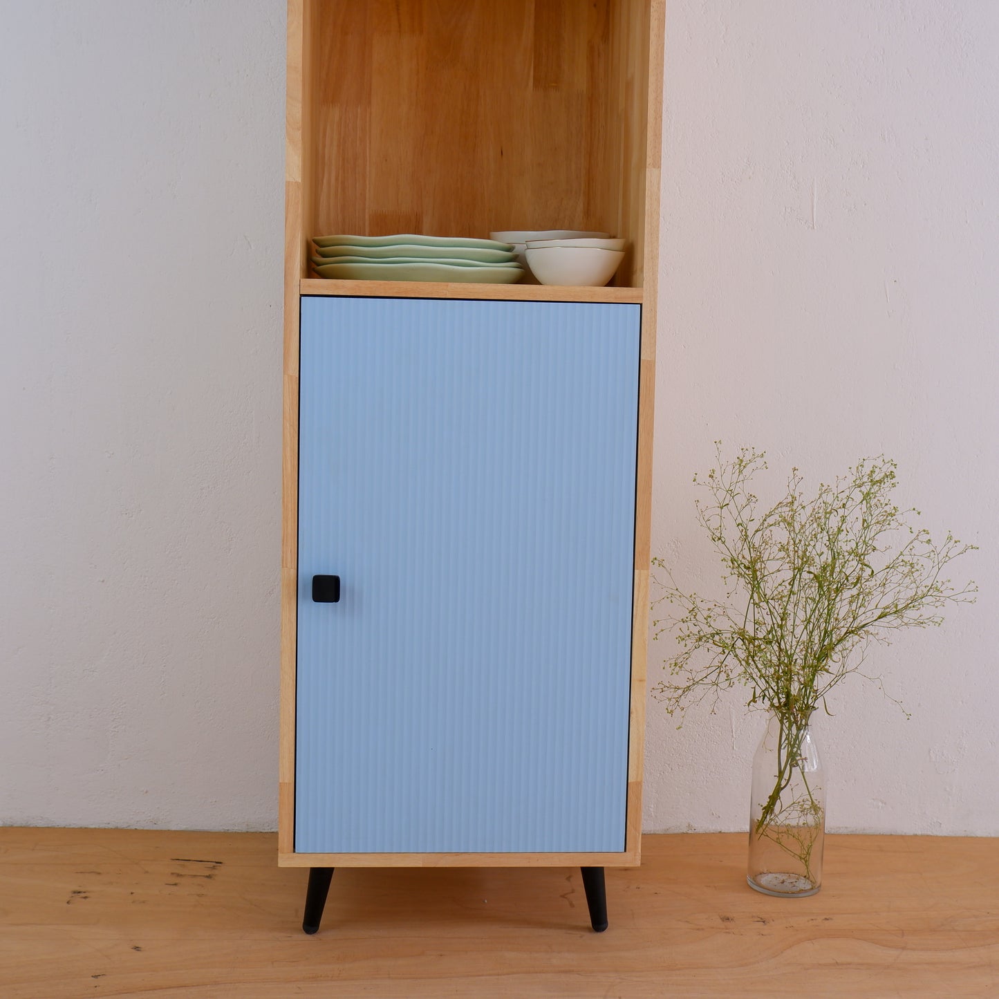 Handmade Wooden Crockery Tall Cabinet | Mid-Century Modern Kitchen Storage | Solid Wood Tall Cabinet in Pink, Blue & Mustard