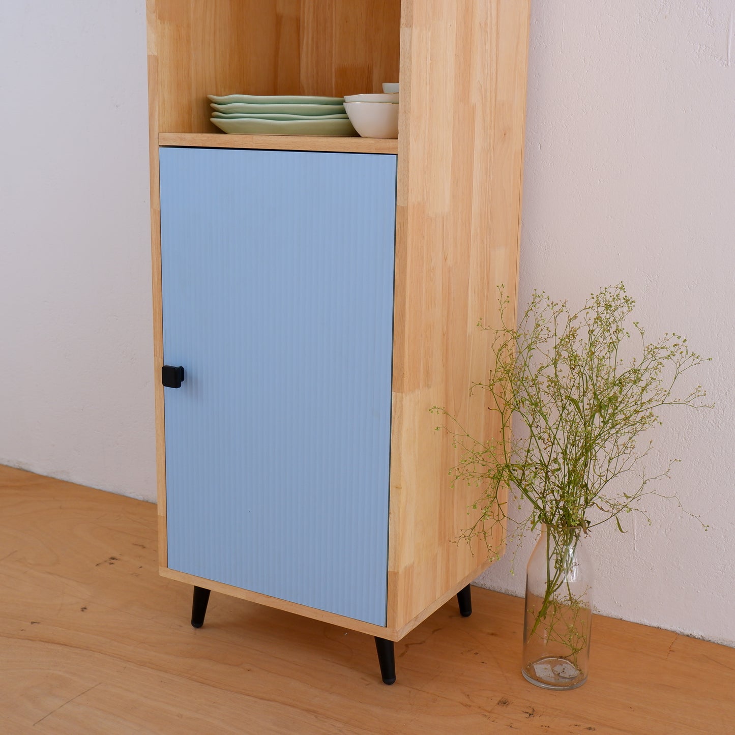 Handmade Wooden Crockery Tall Cabinet | Mid-Century Modern Kitchen Storage | Solid Wood Tall Cabinet in Pink, Blue & Mustard