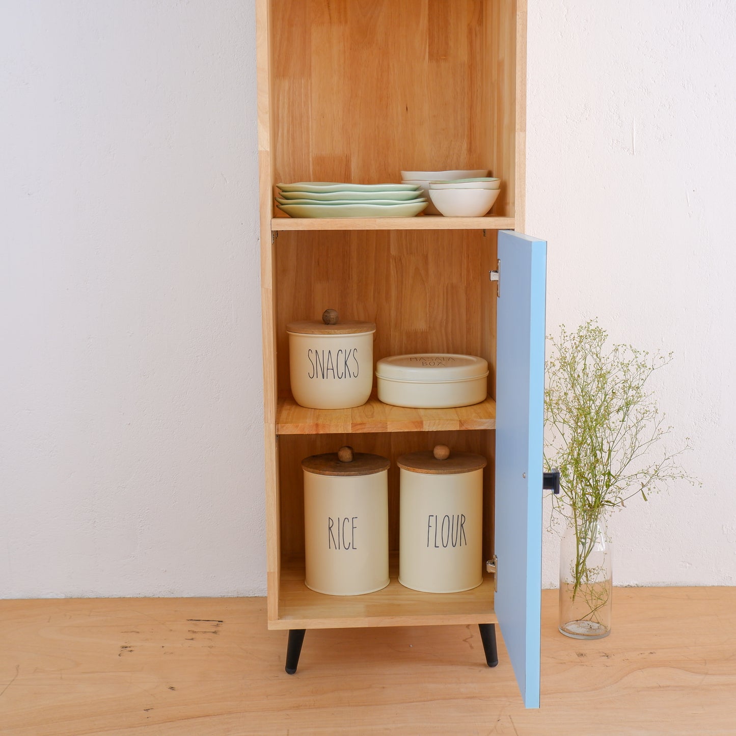 Handmade Wooden Crockery Tall Cabinet | Mid-Century Modern Kitchen Storage | Solid Wood Tall Cabinet in Pink, Blue & Mustard