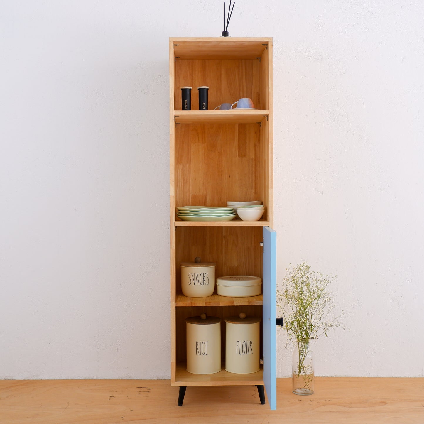 Handmade Wooden Crockery Tall Cabinet | Mid-Century Modern Kitchen Storage | Solid Wood Tall Cabinet in Pink, Blue & Mustard