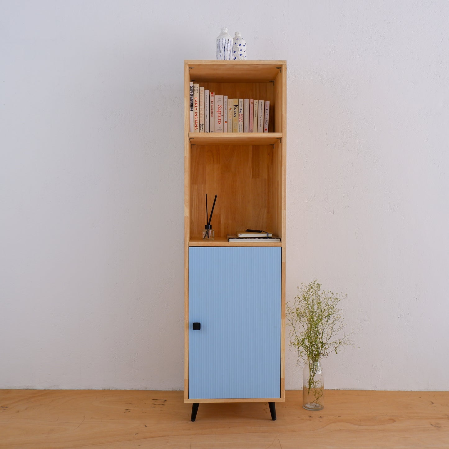 Mid-Century Modern Solid Wood Bookshelf | Pink, Blue & Mustard Yellow Display Cabinet by Woodwala