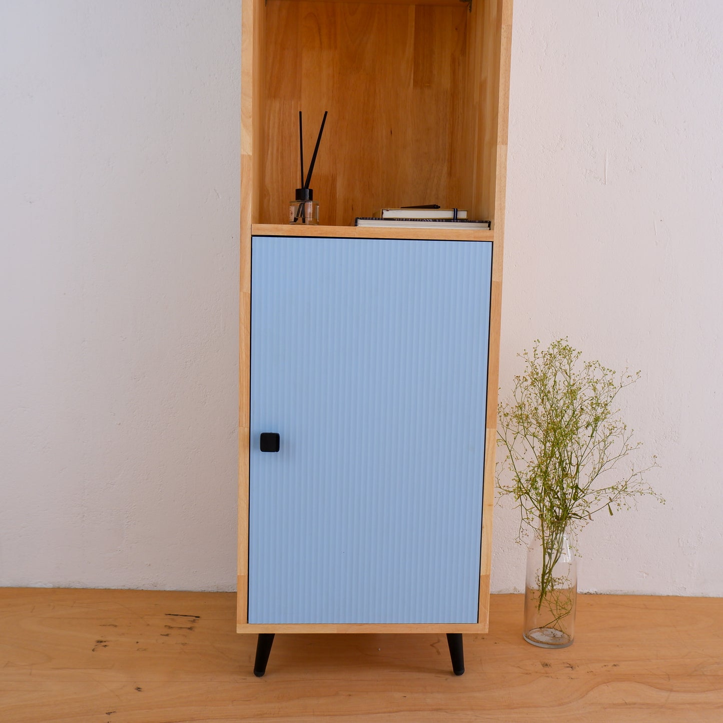 Mid-Century Modern Solid Wood Bookshelf | Pink, Blue & Mustard Yellow Display Cabinet by Woodwala