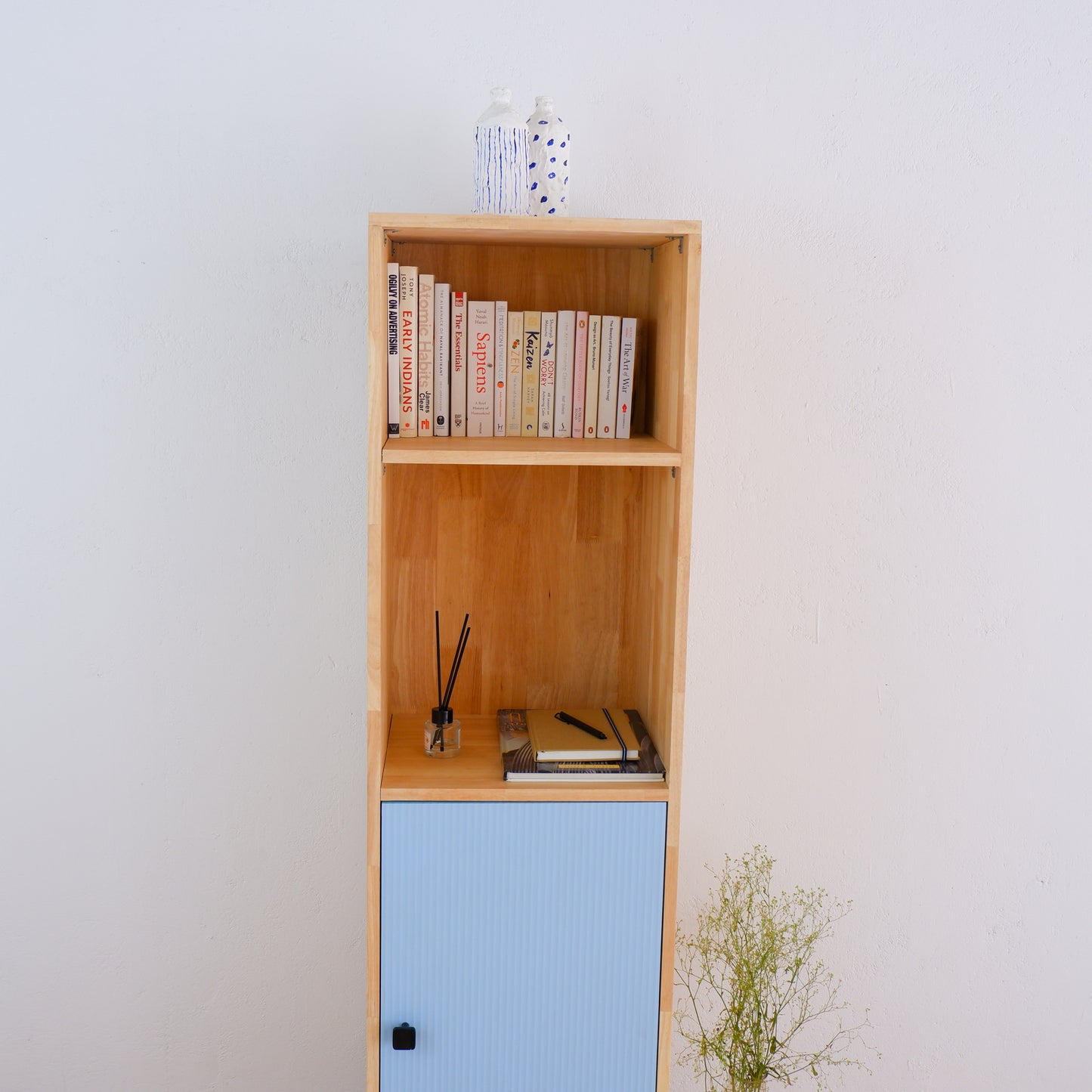 Mid-Century Modern Solid Wood Bookshelf | Pink, Blue & Mustard Yellow Display Cabinet by Woodwala