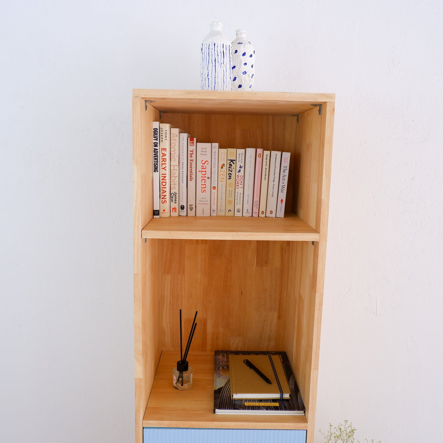 Mid-Century Modern Solid Wood Bookshelf | Pink, Blue & Mustard Yellow Display Cabinet by Woodwala