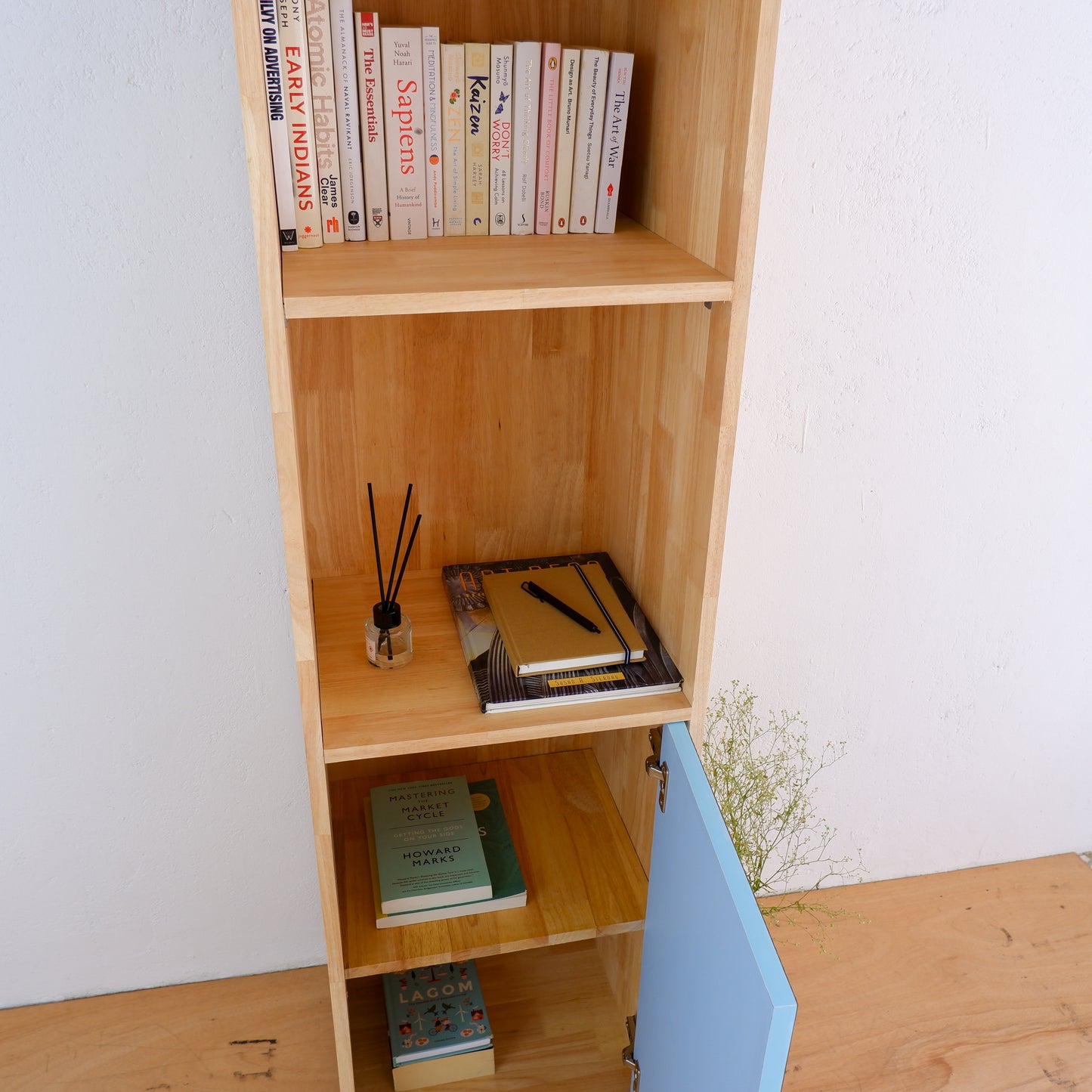 Mid-Century Modern Solid Wood Bookshelf | Pink, Blue & Mustard Yellow Display Cabinet by Woodwala