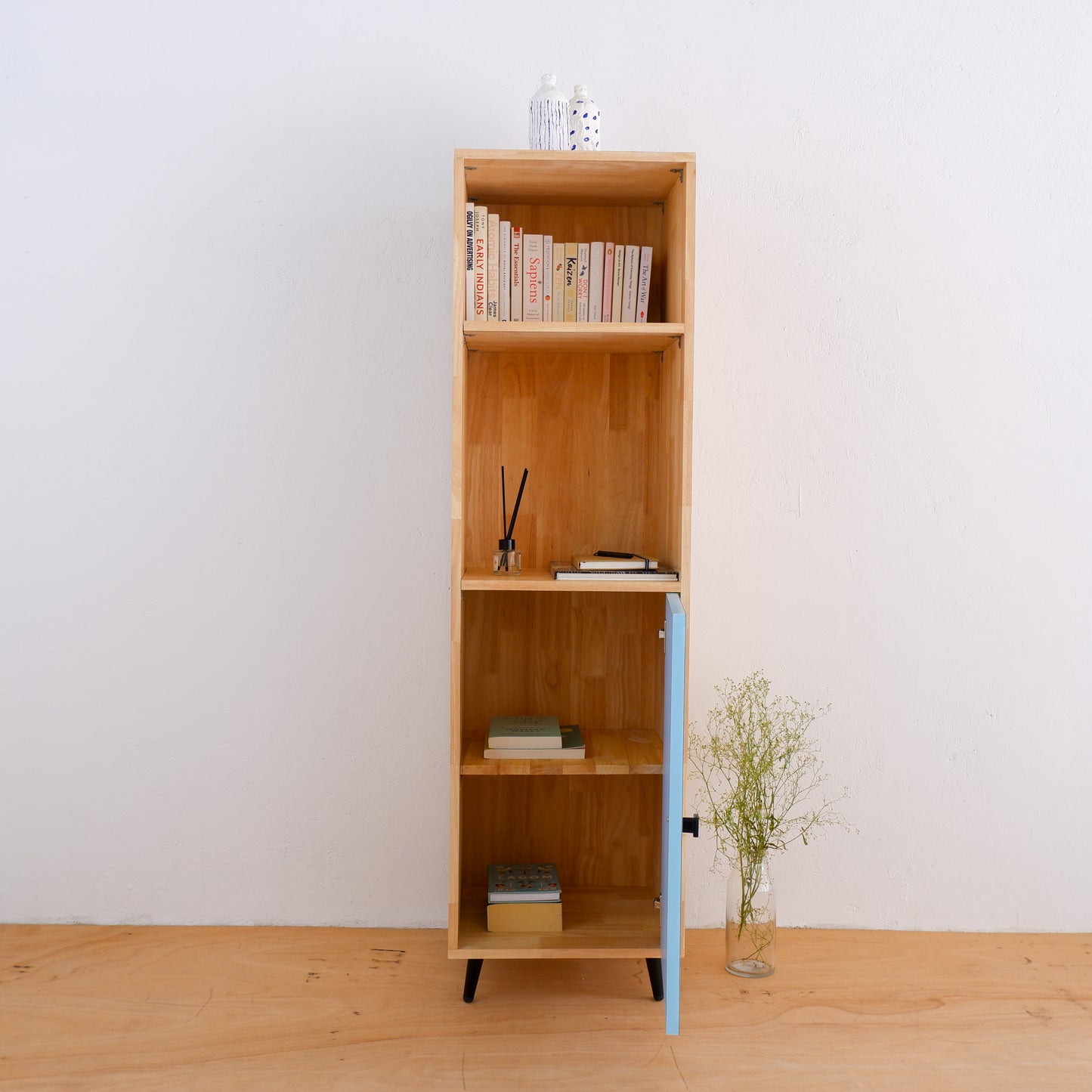Mid-Century Modern Solid Wood Bookshelf | Pink, Blue & Mustard Yellow Display Cabinet by Woodwala