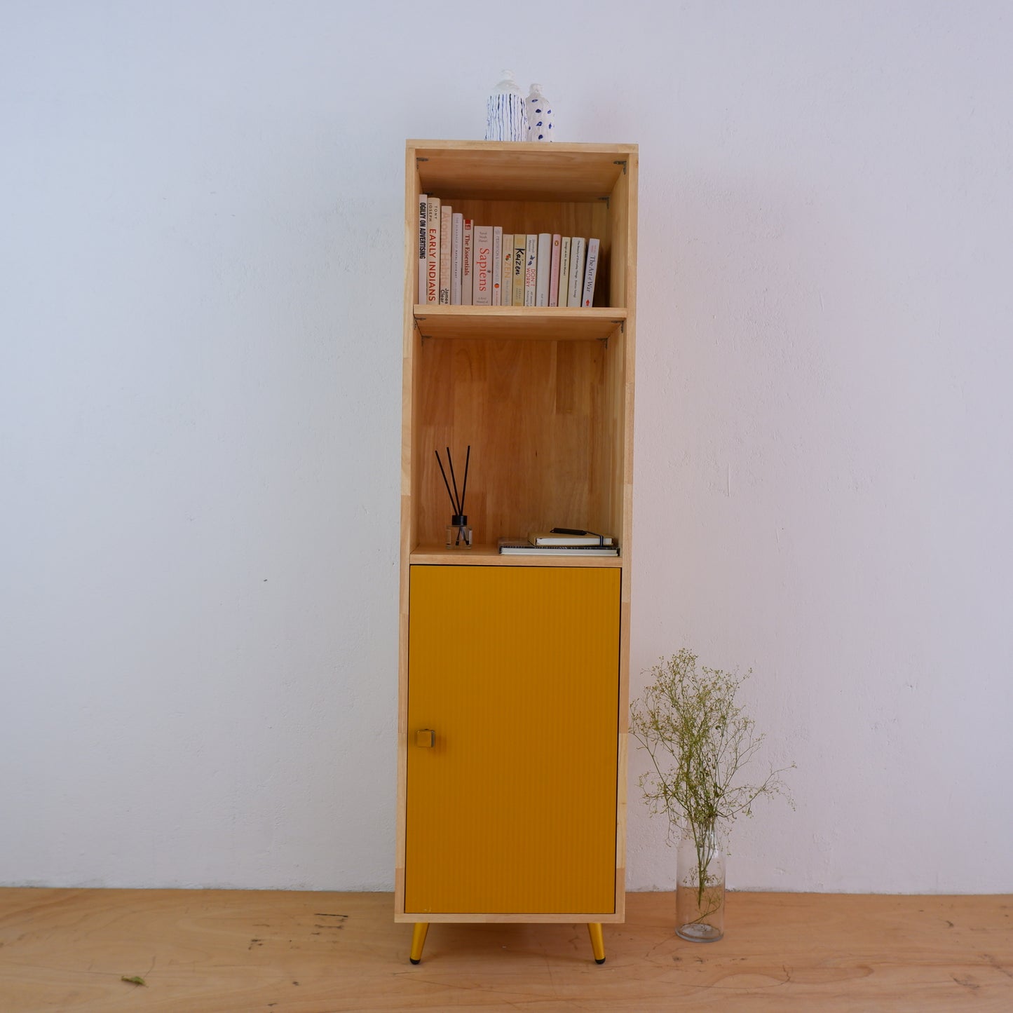 Mid-Century Modern Solid Wood Bookshelf | Pink, Blue & Mustard Yellow Display Cabinet by Woodwala
