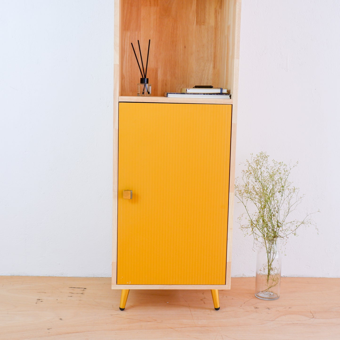Mid-Century Modern Solid Wood Bookshelf | Pink, Blue & Mustard Yellow Display Cabinet by Woodwala
