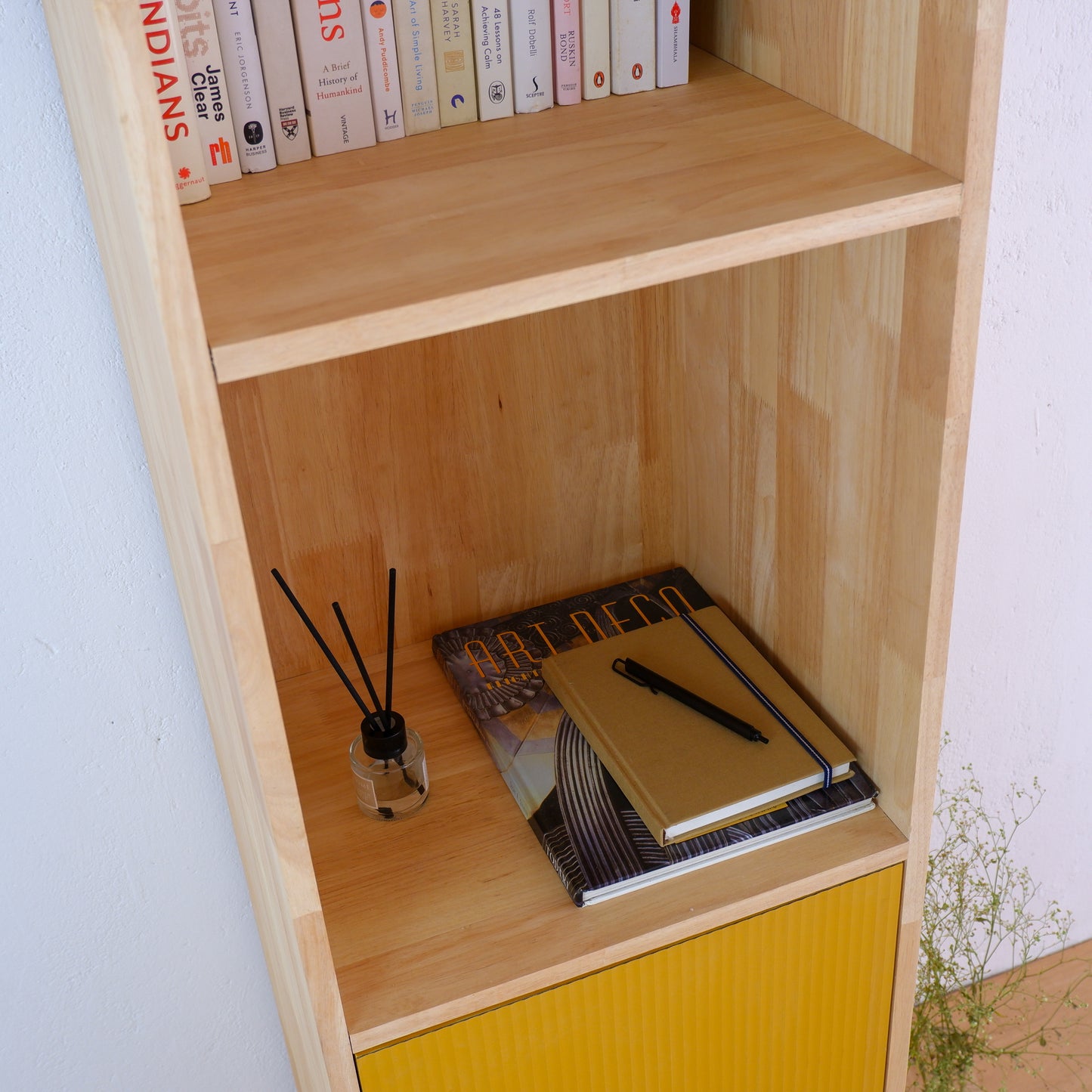Mid-Century Modern Solid Wood Bookshelf | Pink, Blue & Mustard Yellow Display Cabinet by Woodwala