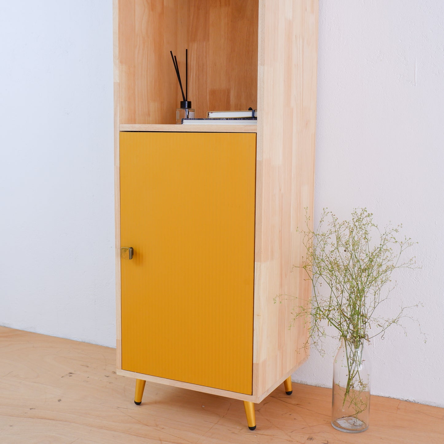 Mid-Century Modern Solid Wood Bookshelf | Pink, Blue & Mustard Yellow Display Cabinet by Woodwala