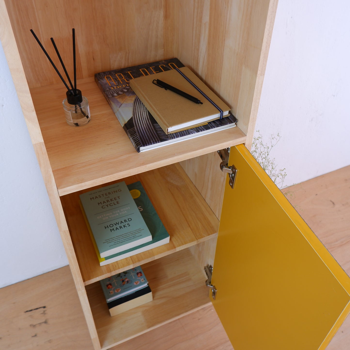 Mid-Century Modern Solid Wood Bookshelf | Pink, Blue & Mustard Yellow Display Cabinet by Woodwala