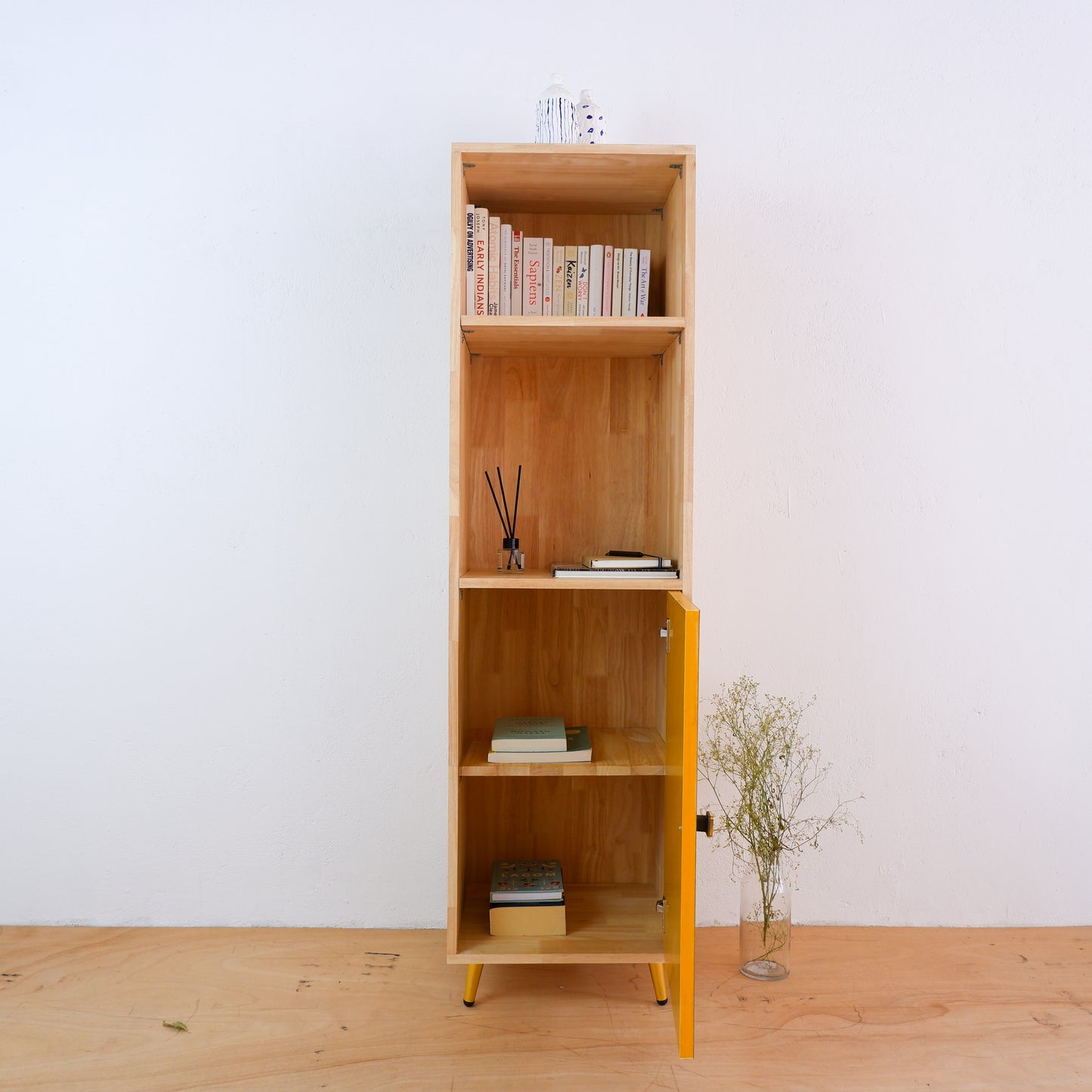 Mid-Century Modern Solid Wood Bookshelf | Pink, Blue & Mustard Yellow Display Cabinet by Woodwala