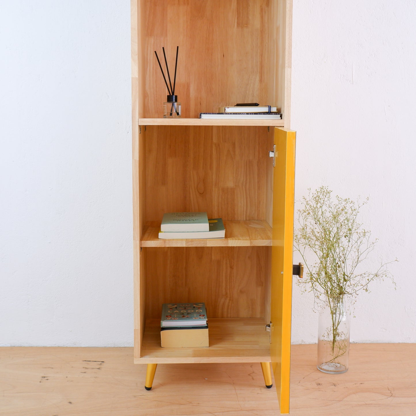 Mid-Century Modern Solid Wood Bookshelf | Pink, Blue & Mustard Yellow Display Cabinet by Woodwala